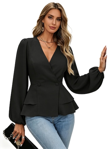 KoJooin Bluse 'Damen Wickelkleid mit V-Ausschnitt, Peplum und Puffärmeln – Elegante Bluse mit Knopfleiste für Büro'‌‌‌‌‌‌‌‌‌‌ in Schwarz