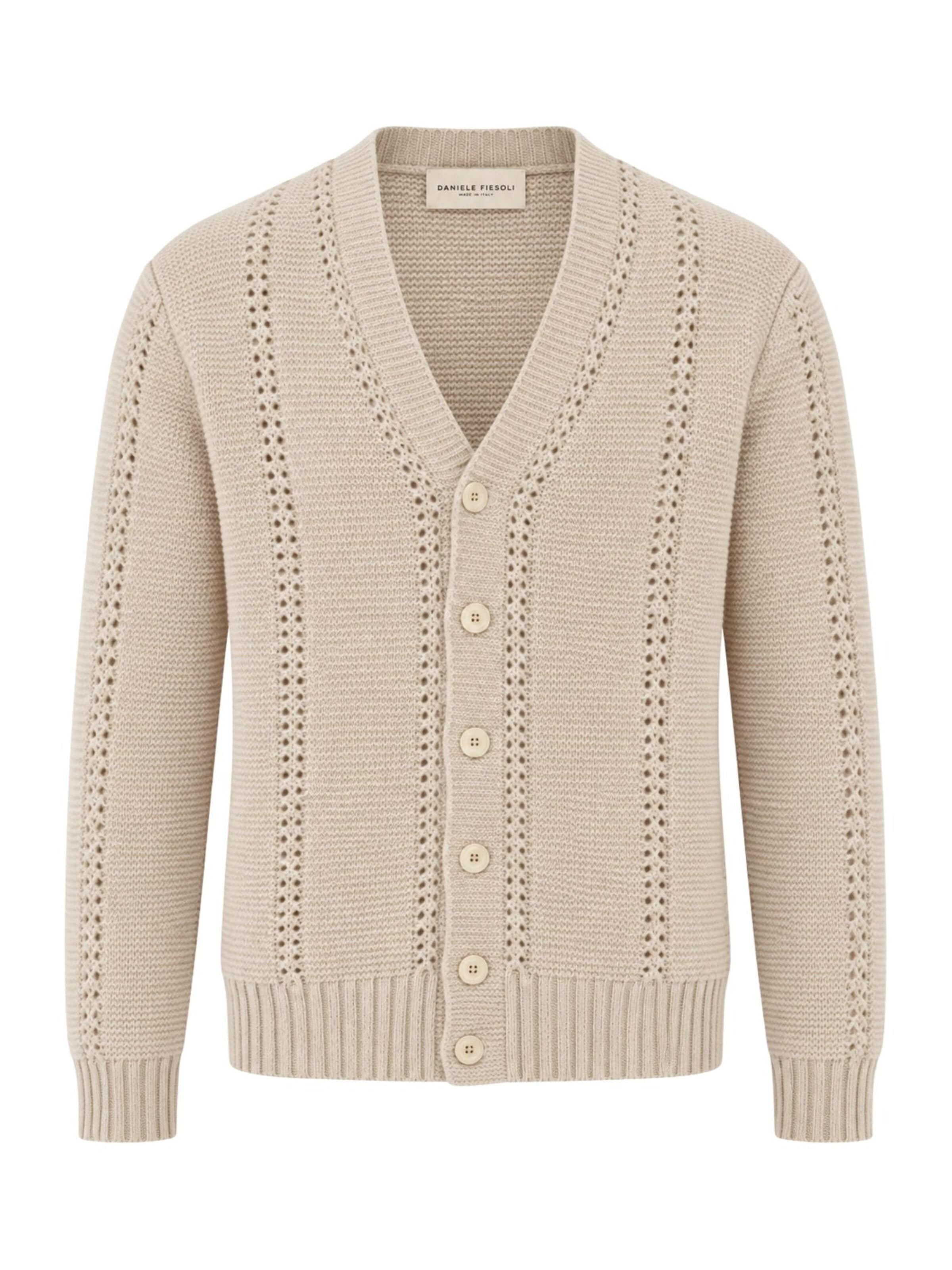 Daniele Fiesoli Knit Cardigan 'Pure Merino Wool Garter Stitch and Openwork Cardigan' in Beige: front