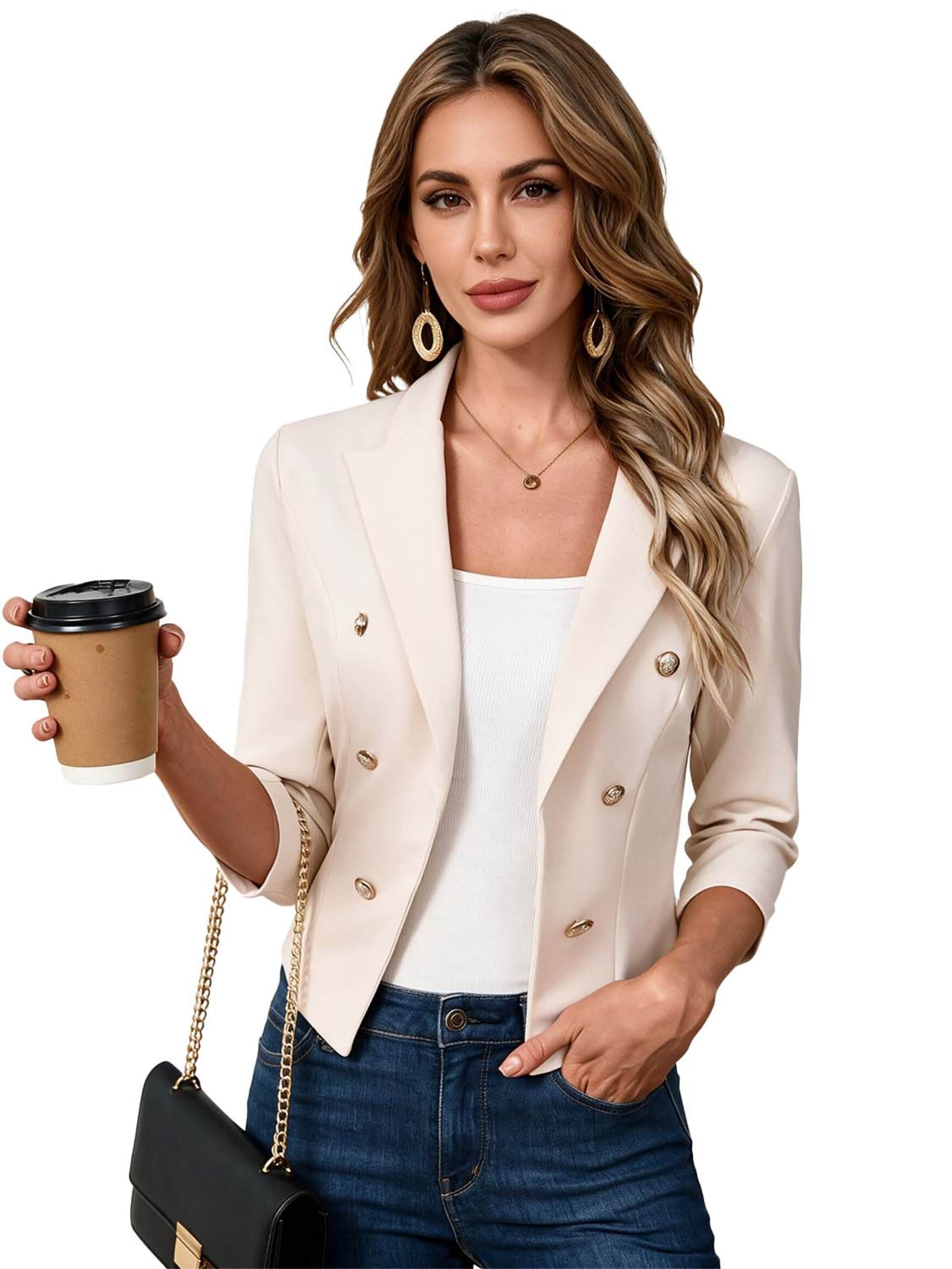 KoJooin Marynarka 'Damen Business-Blazer mit spitzem Reverskragen Metallknöpfen: 3/4-Ärmel,offene Knopfleiste perfekt' w kolorze pomarańczowy: przód