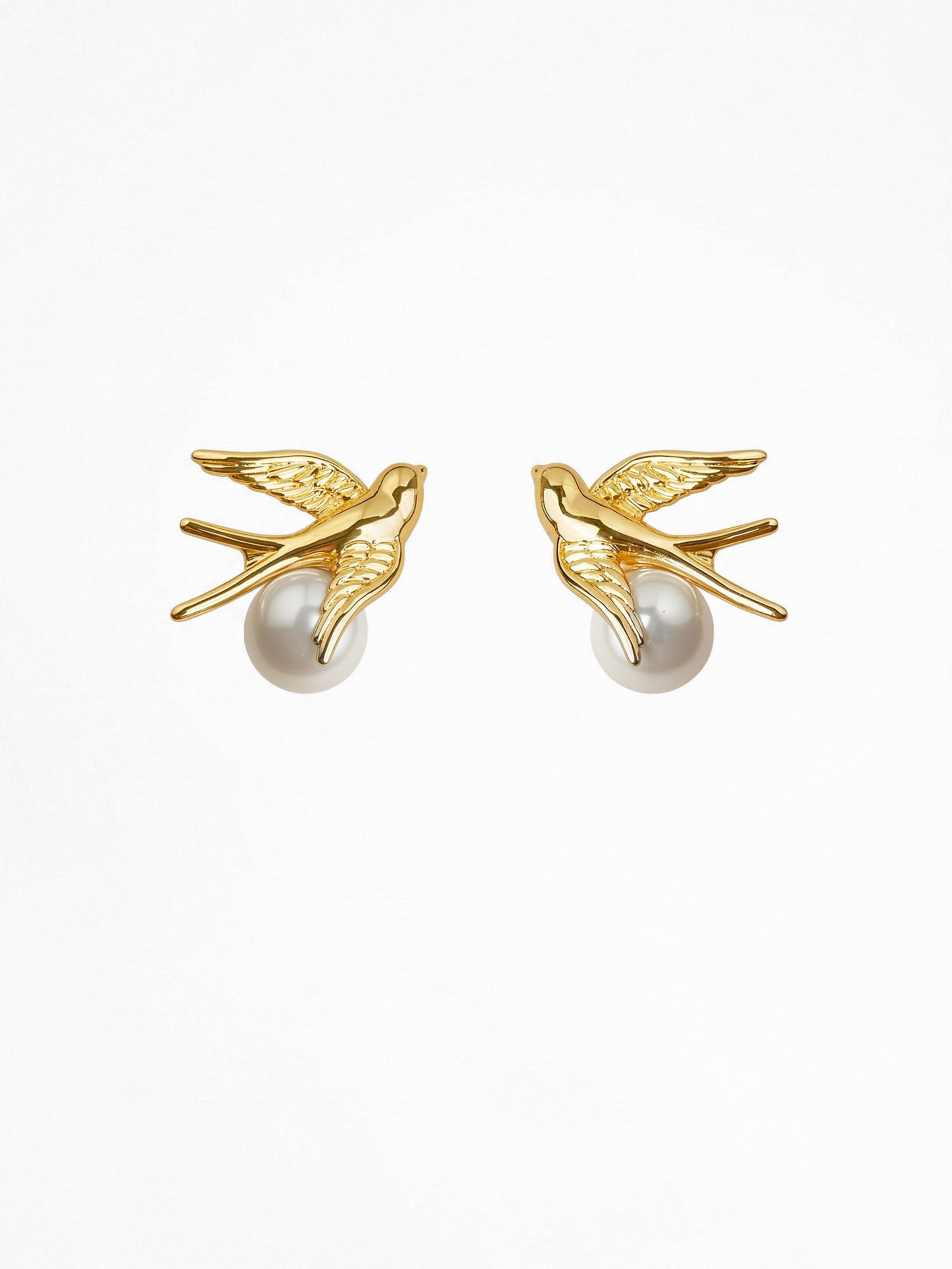 Nemomatheo Ohrringe 'Hirondelle – Schwalbe & Perle'‌‌‌‌‌‌‌ in Gold: Vorderseite