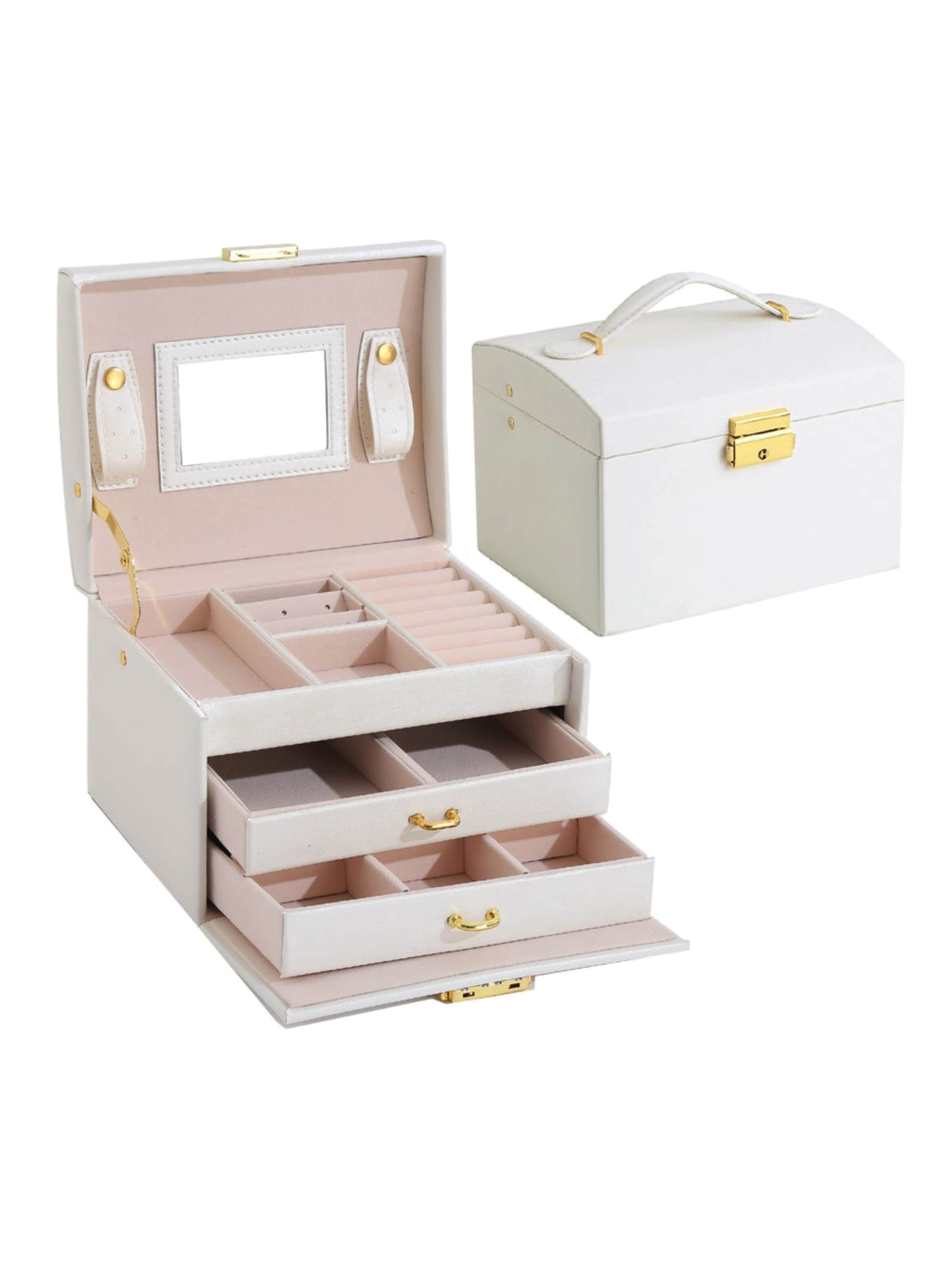 Casetă bijuterii 'Nellia Jewellery Box – Lockable Organiser with Mirror & 2 Drawers (Cream White)' de la UNIQ Beauty pe alb: față