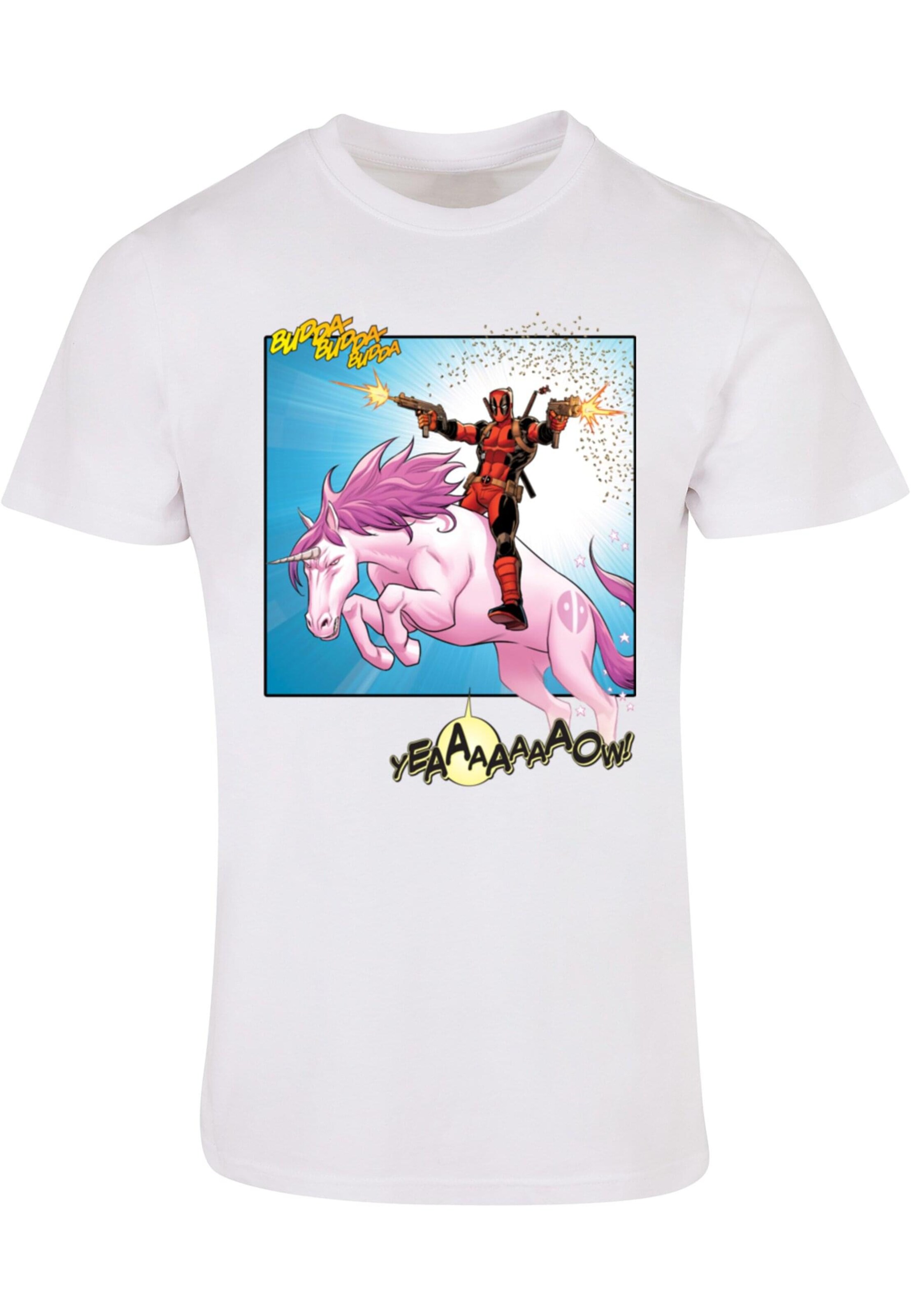 ABSOLUTE CULT Shirt 'Deadpool - Unicorn Battle' in Wit: voorkant
