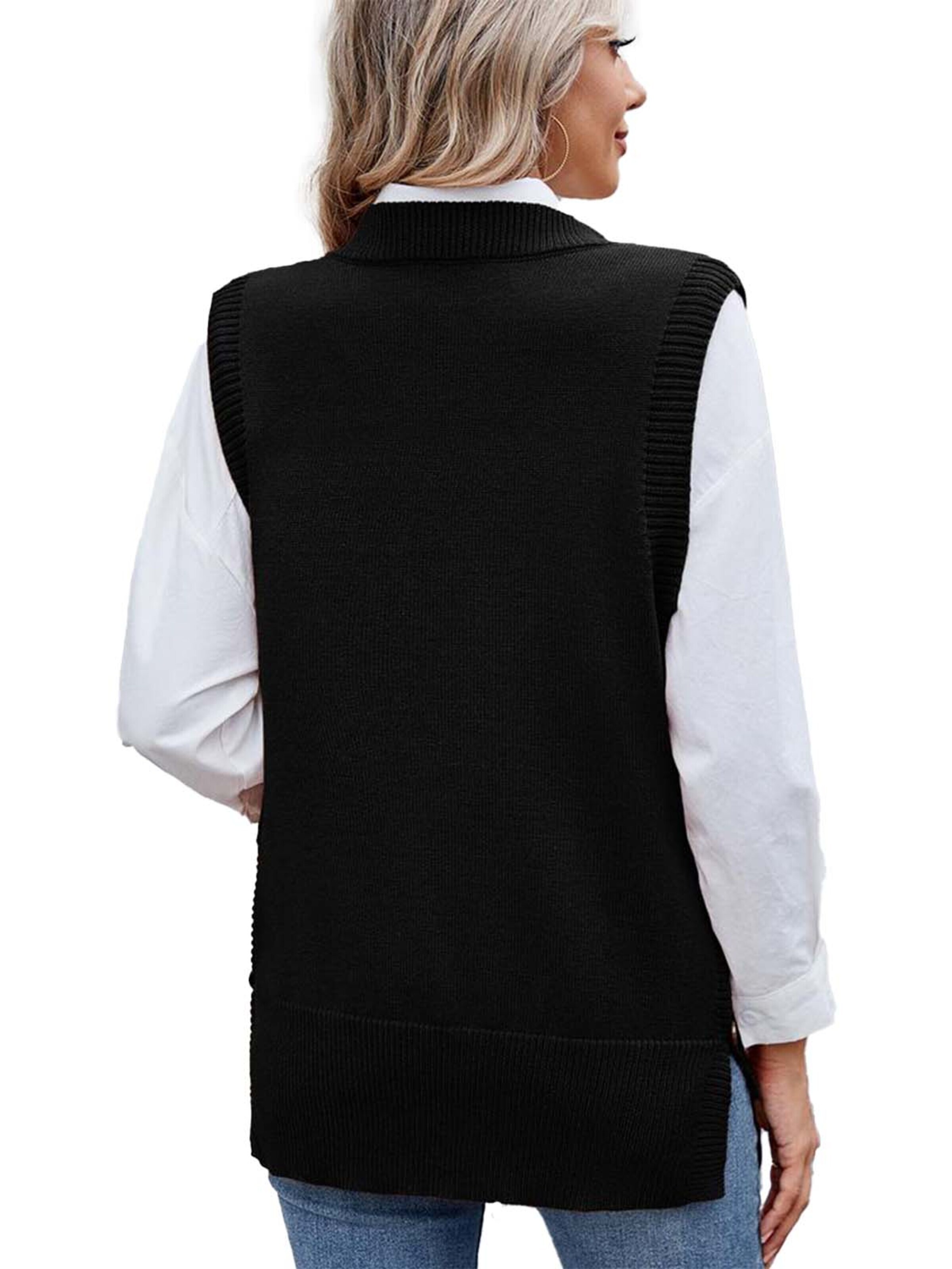 KoJooin Top z dzianiny 'Damen-Strickpullover mit Knopfdetails, Seitenschlitzen und unifarbenem Design' w kolorze czarny