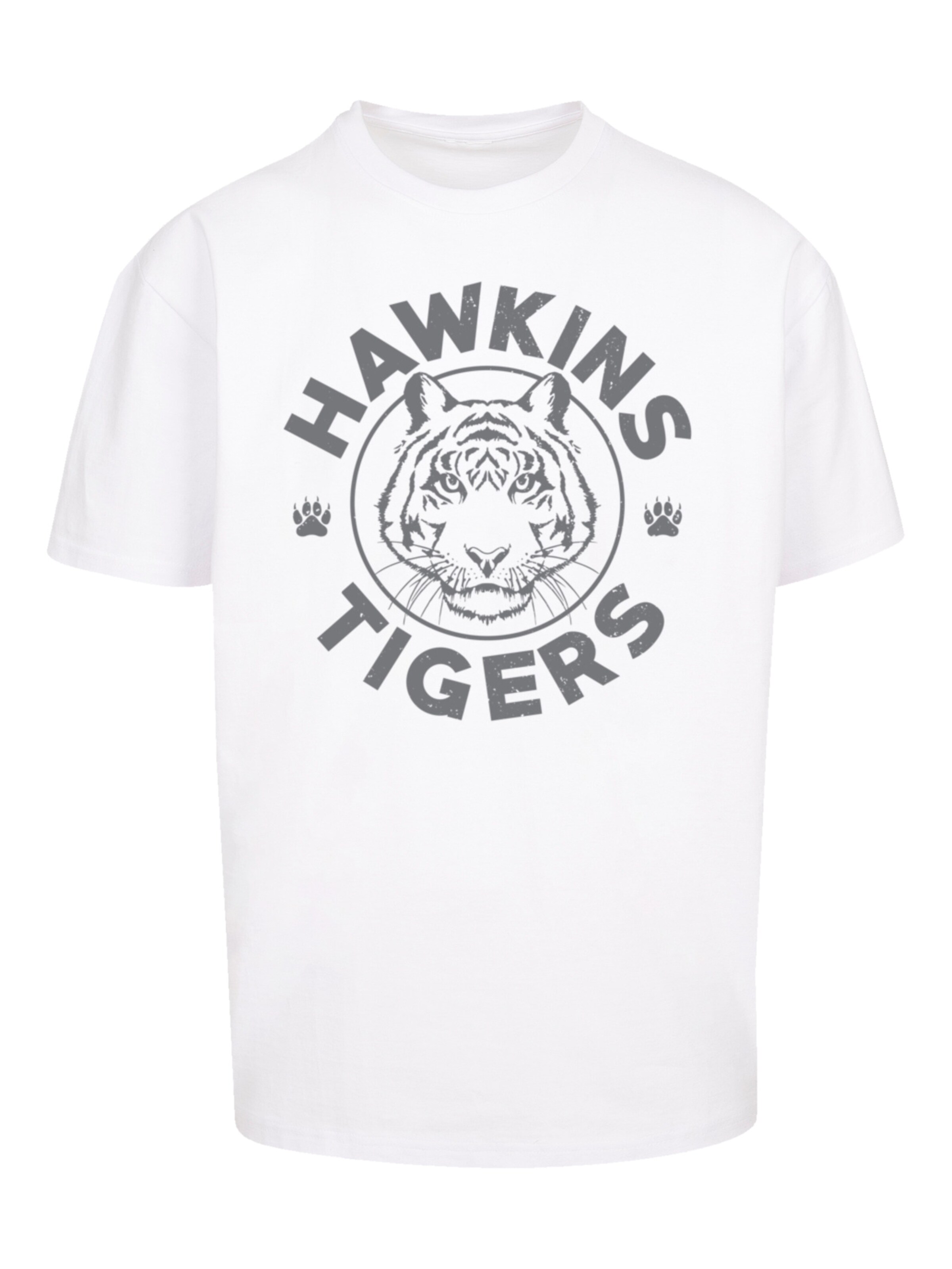 T-Shirt 'Stranger Things Hawkins Grey Tiger Netflix TV Series' F4NT4STIC en blanc : devant