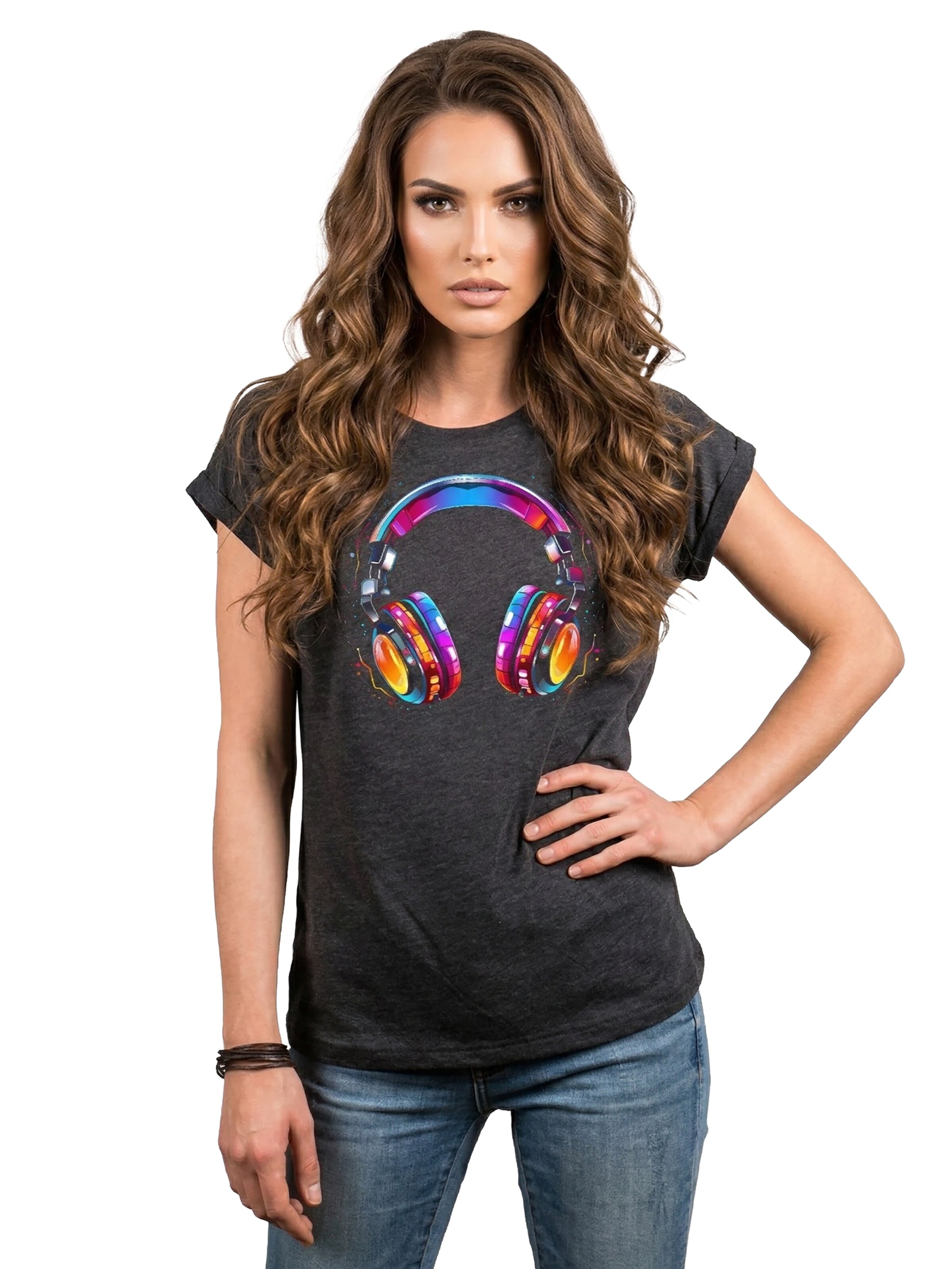 MAKAYA Shirt 'Kopfhörer Bunt' in Grey: front