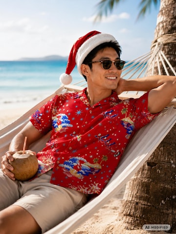 Regular fit Camicia 'Christmas Surf Santa' di King Kameha in rosso