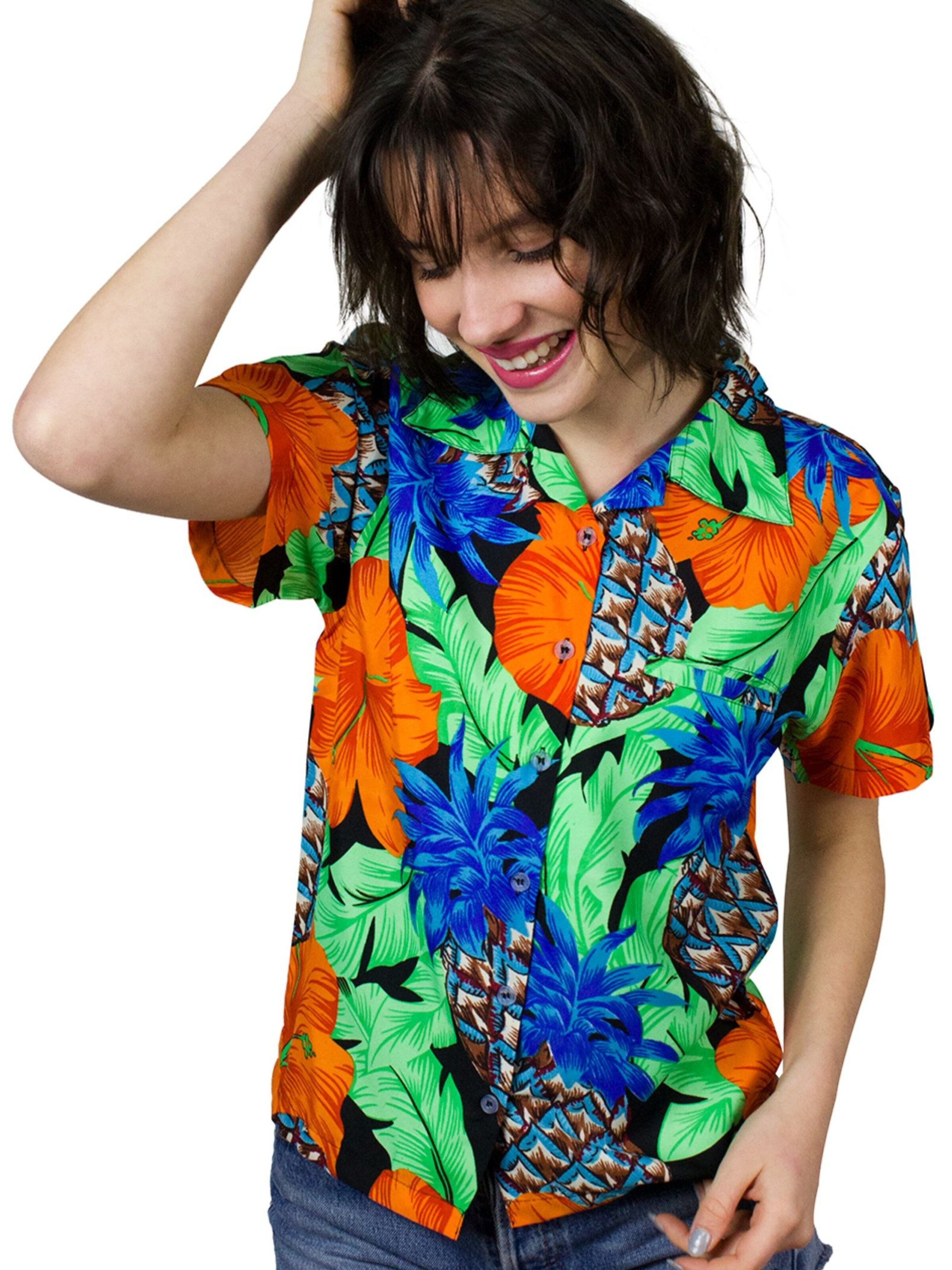 King Kameha Bluse 'Pineapple Hibiscus Black Line'‌‌‌‌ in Grün