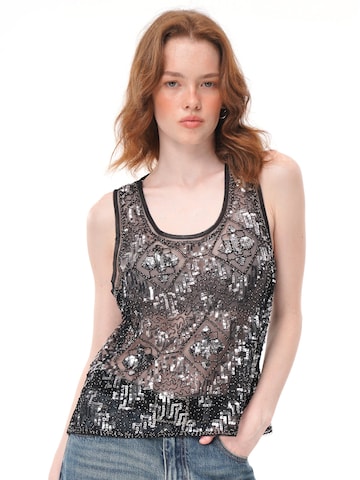 yoligex Top 'Geometric Floral Sequin Beaded Mesh Tank Top, U‑Neck Sheer Sleeveless Vest' w kolorze czarny