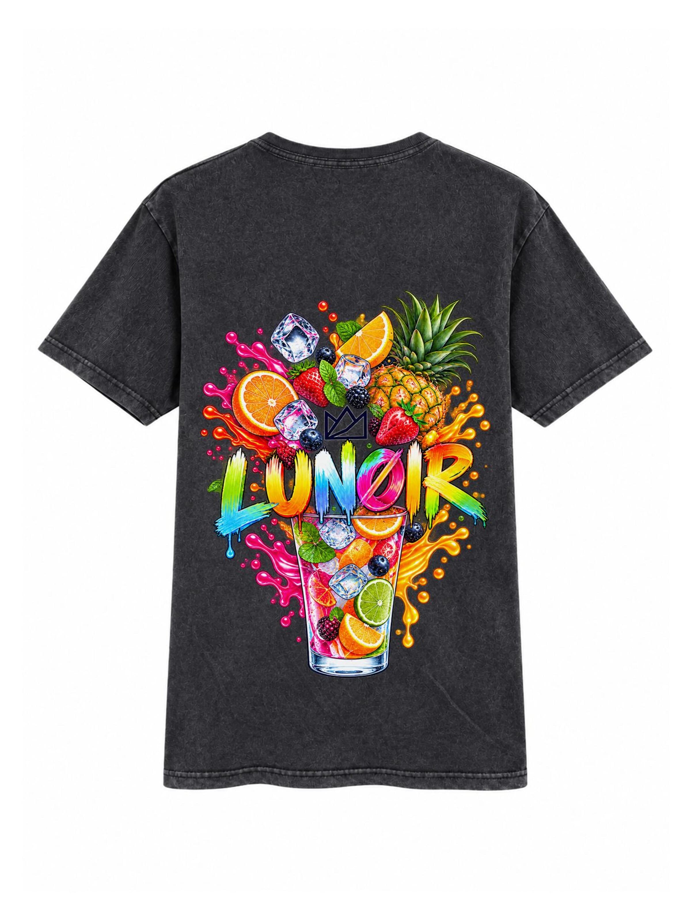 LUNØIR Studio Póló 'Tropical Riot – Fruit Splash' - fekete: elől