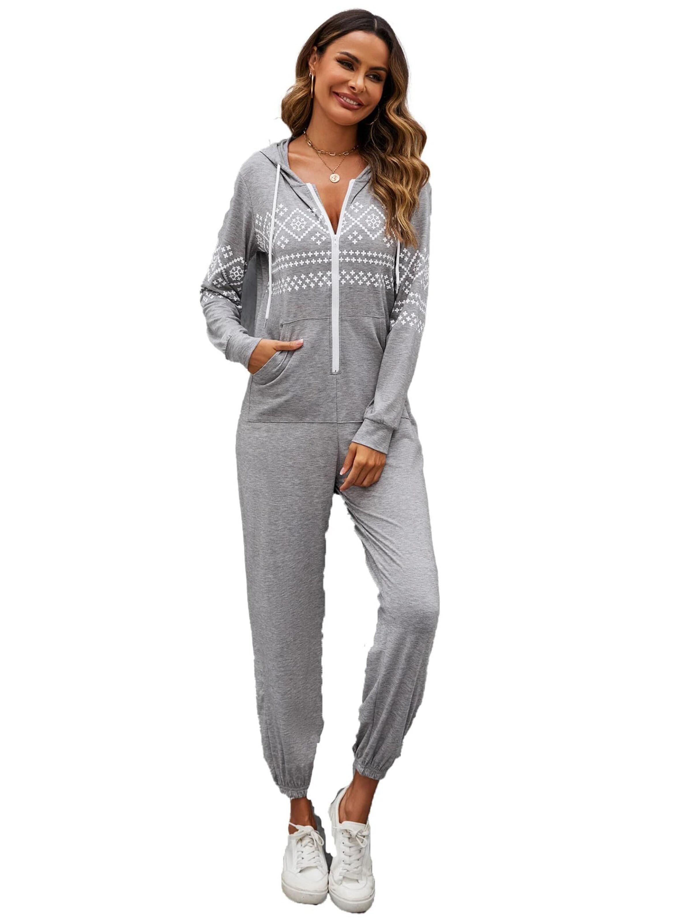KoJooin Kombinezon 'Damen Overall mit Print, Kapuze, Kordelzug, langen Ärmeln und Taschen Bequemer Freizeit Jumpsuit' w kolorze szary