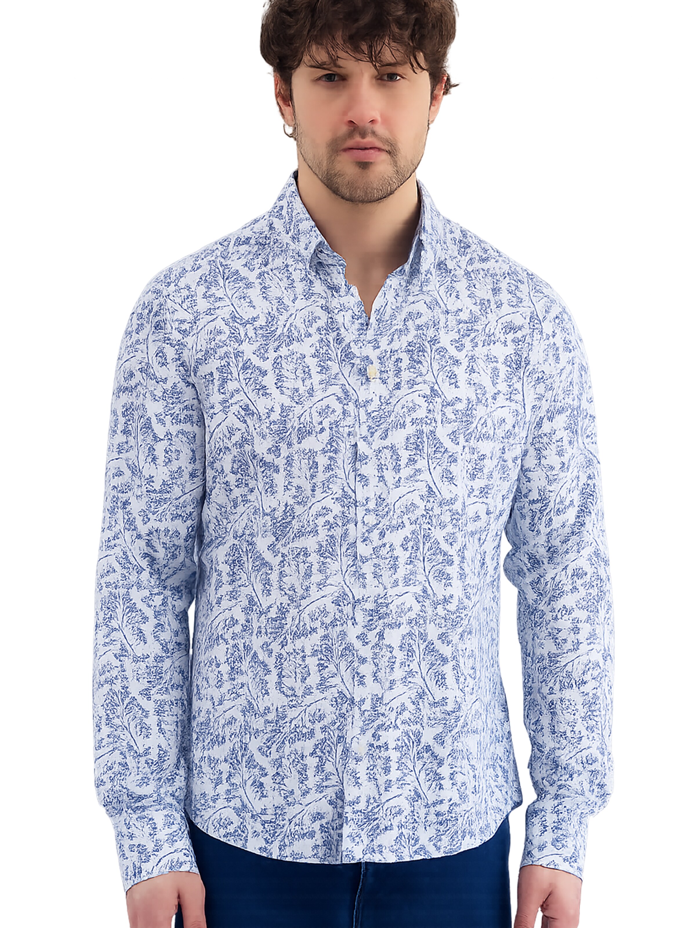 7Camicie Slim fit Zakelijk overhemd 'Leonardo Sport Linen Man Shirt White Blue' in Wit: voorkant