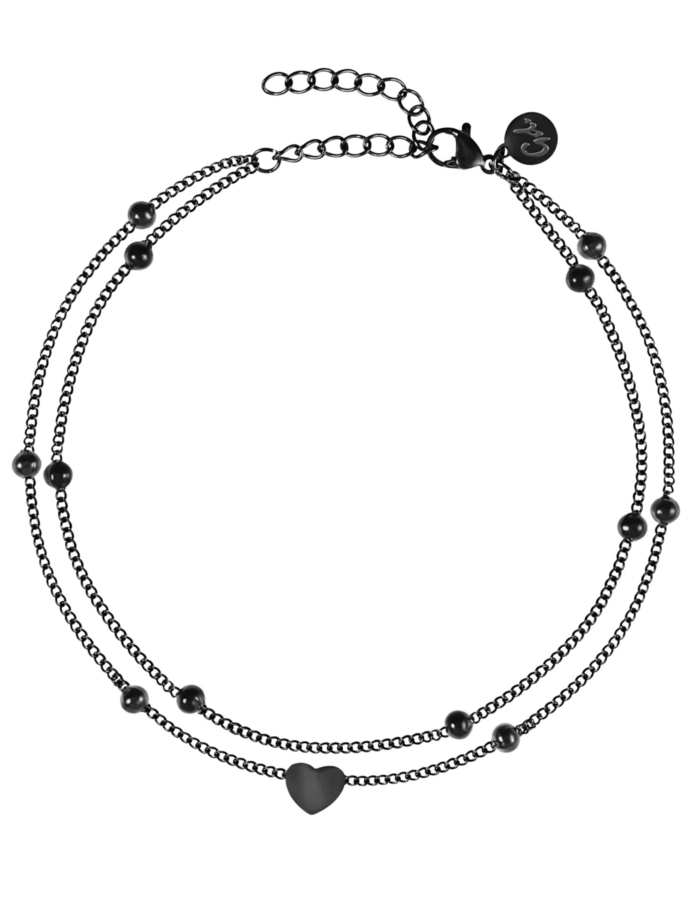 GOOD.designs Mehrreihige Fußkette mit kleinem Herz-Anhänger in Schwarz: Vorderseite