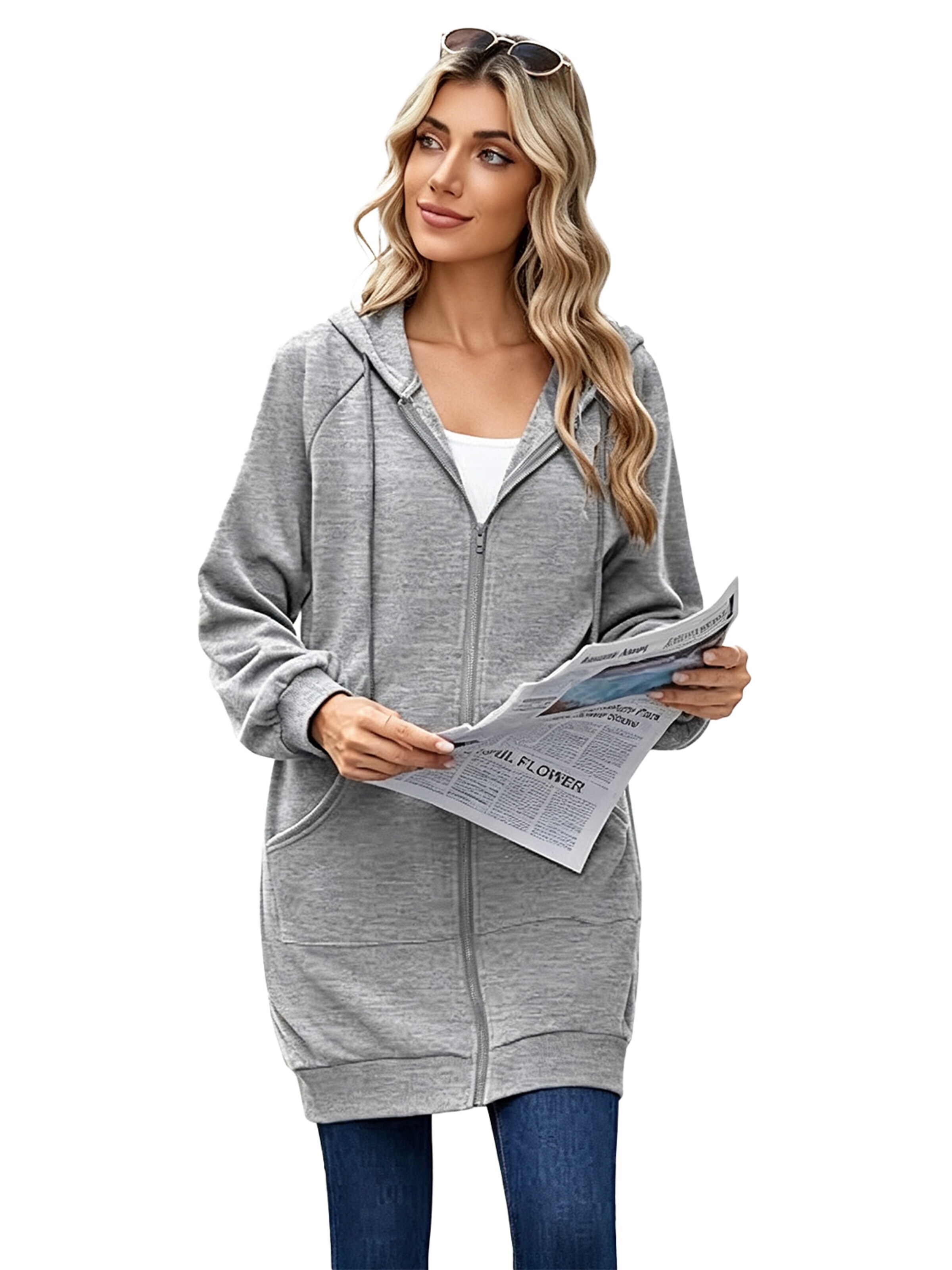KoJooin Płaszcz zimowy 'Damen langer Kapuzenpullover mit Reißverschluss Oversize,casual, kuschelig gefüttert und gemütlich' w kolorze szary