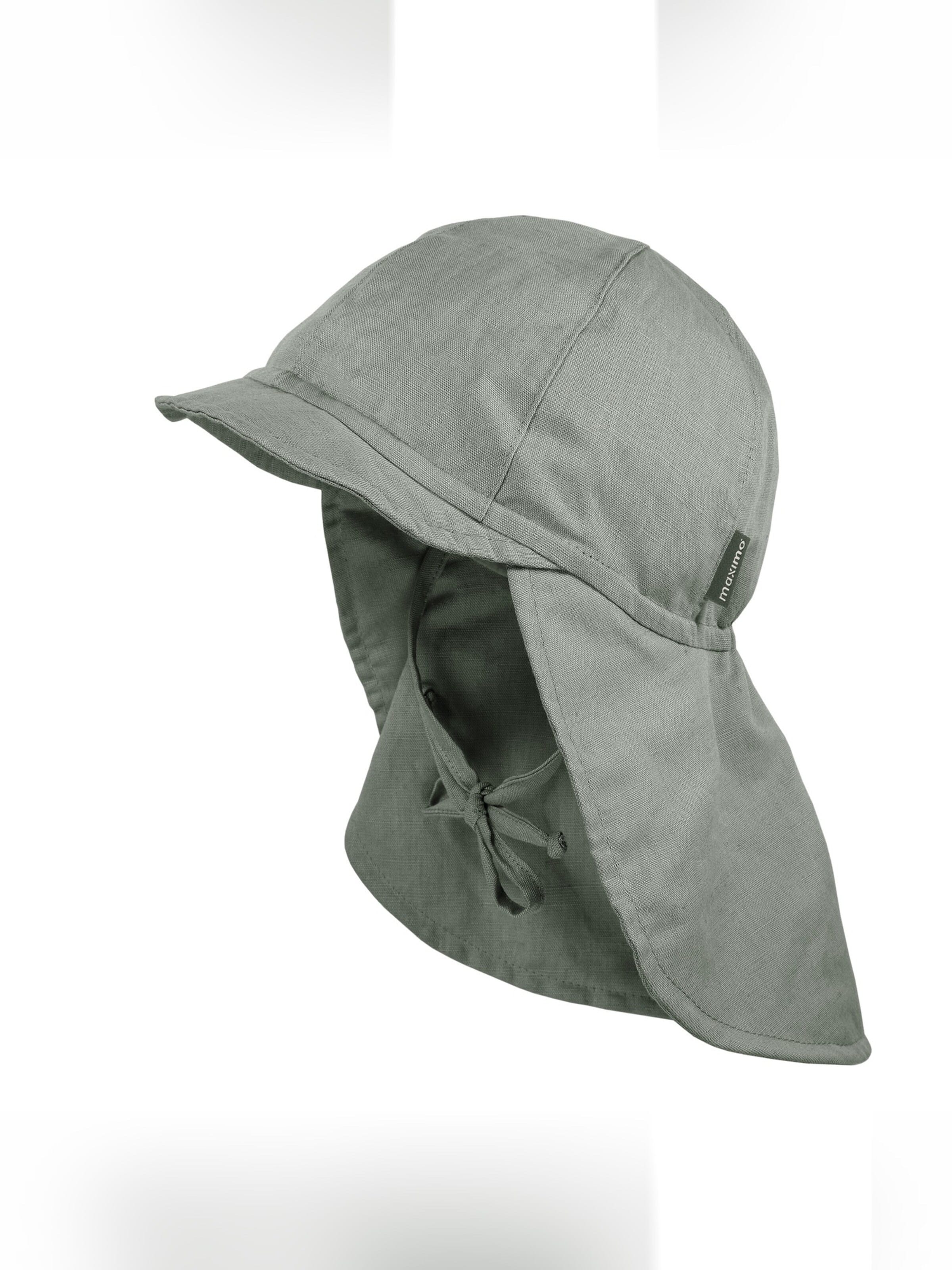 MAXIMO Beanie 'GOTS MINI-Nackenschutzmütze uni, Leinenoptik, Bindeband, Futter' in Green: front