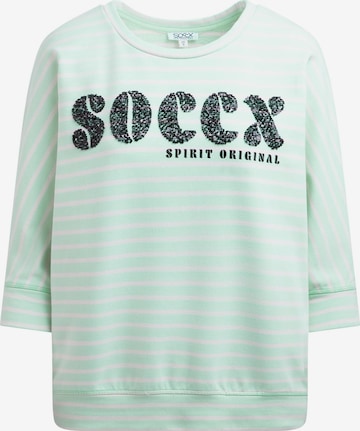 Soccx Gestreiftes Kurzarm-Sweatshirt mit Pailletten-Logo in Grün: Vorderseite