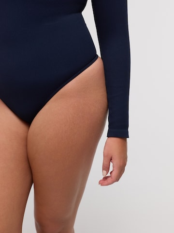 cfab Body 'Ribbed Longsleeve V-Neck Sculpting Lace Bodysuit with String' värissä sininen