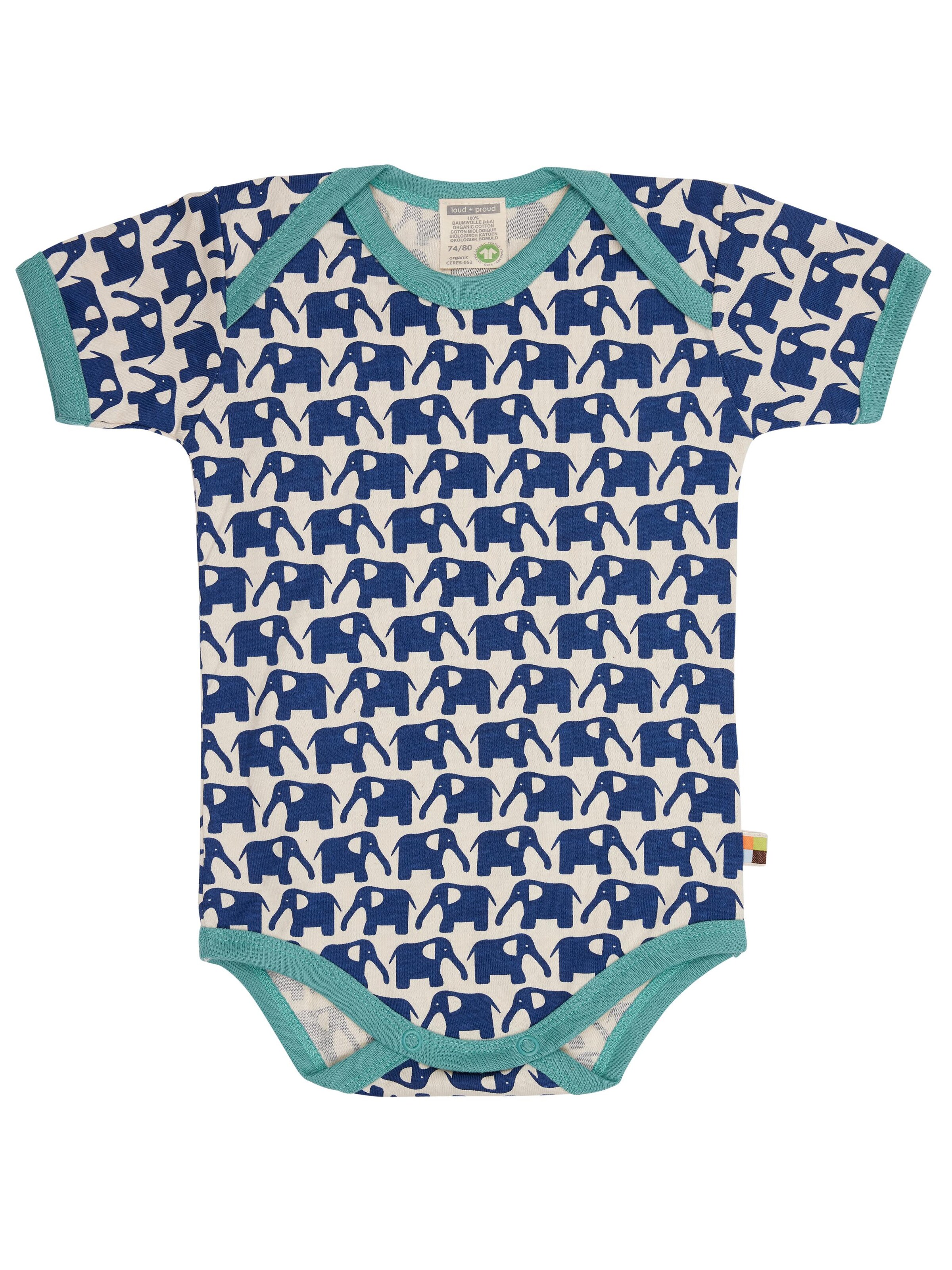 loud + proud Strampler/Body 'Elefanten'‌‌‌‌‌‌‌‌‌ in Blau: Vorderseite