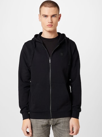 KnowledgeCotton Apparel Zip-Up Hoodie in Black: front