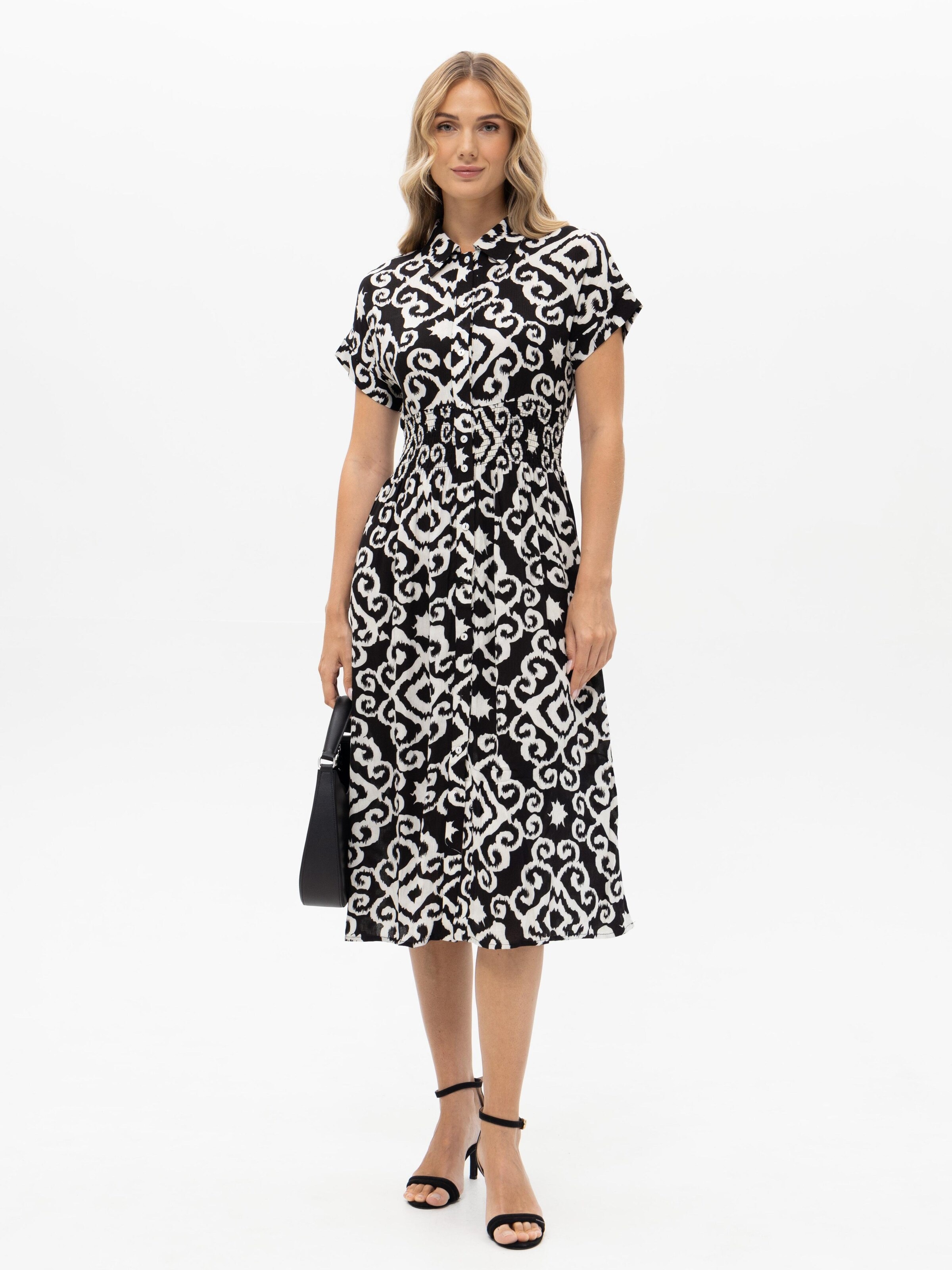 Passioni Summer Dress 'Bedrucktes Kleid mit gesmokter Tallie' in Black: front
