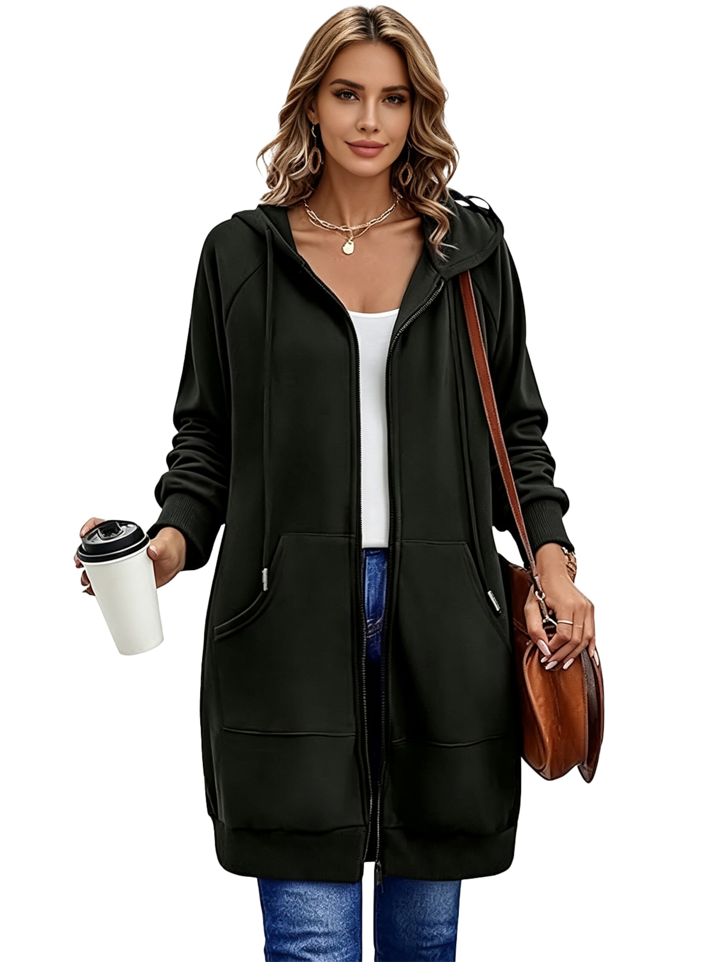 KoJooin Płaszcz zimowy 'Damen langer Kapuzenpullover mit Reißverschluss Oversize,casual, kuschelig gefüttert und gemütlich' w kolorze czarny