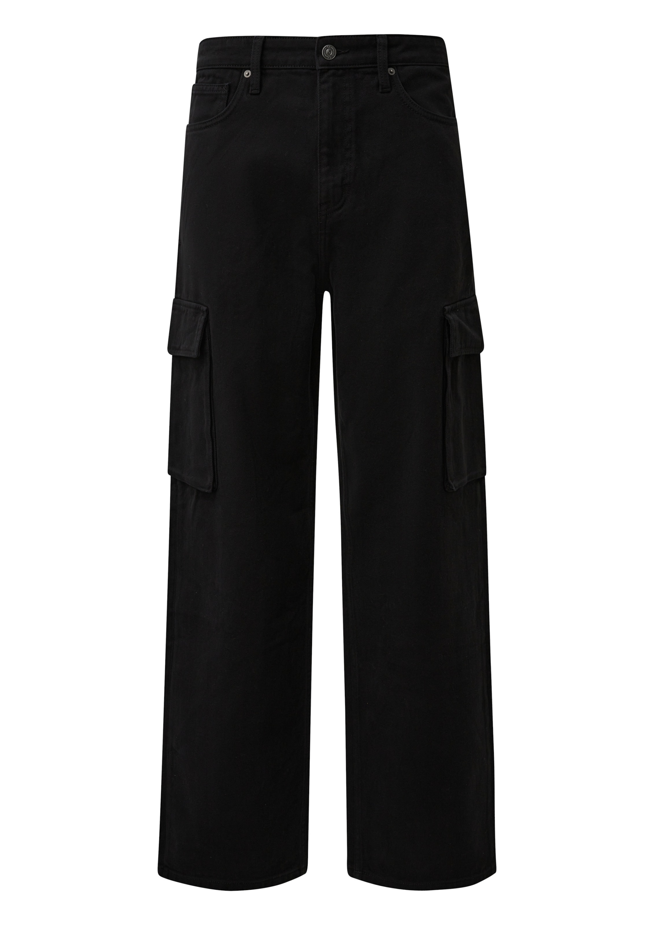QS Loosefit Cargojeans in Zwart: voorkant
