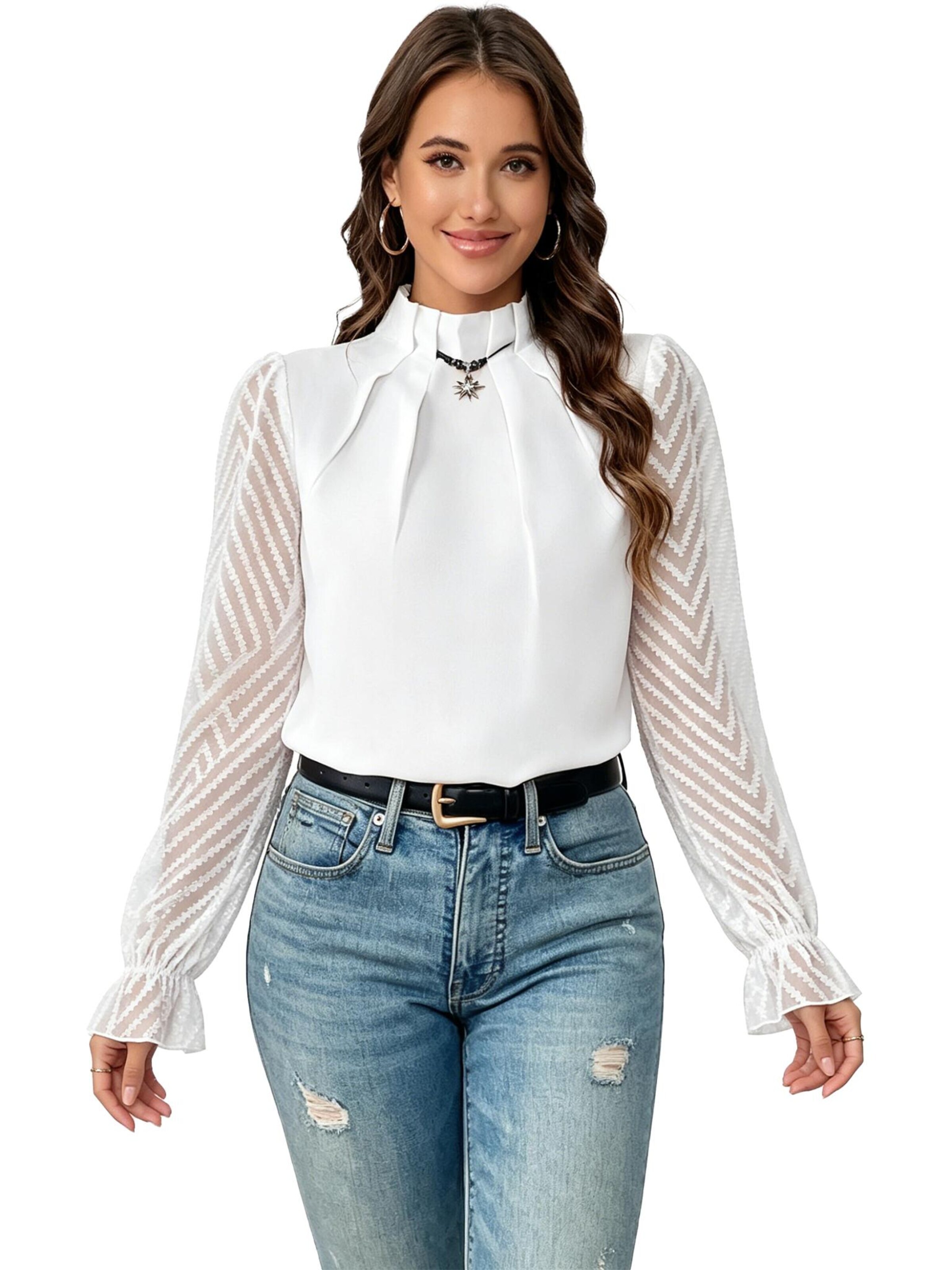 KoJooin Bluse 'Damen Langarmblusen aus Chiffon mit Rüschenbündchen und niedlichem Rüschenkragen'‌‌‌ in Weiß: Vorderseite