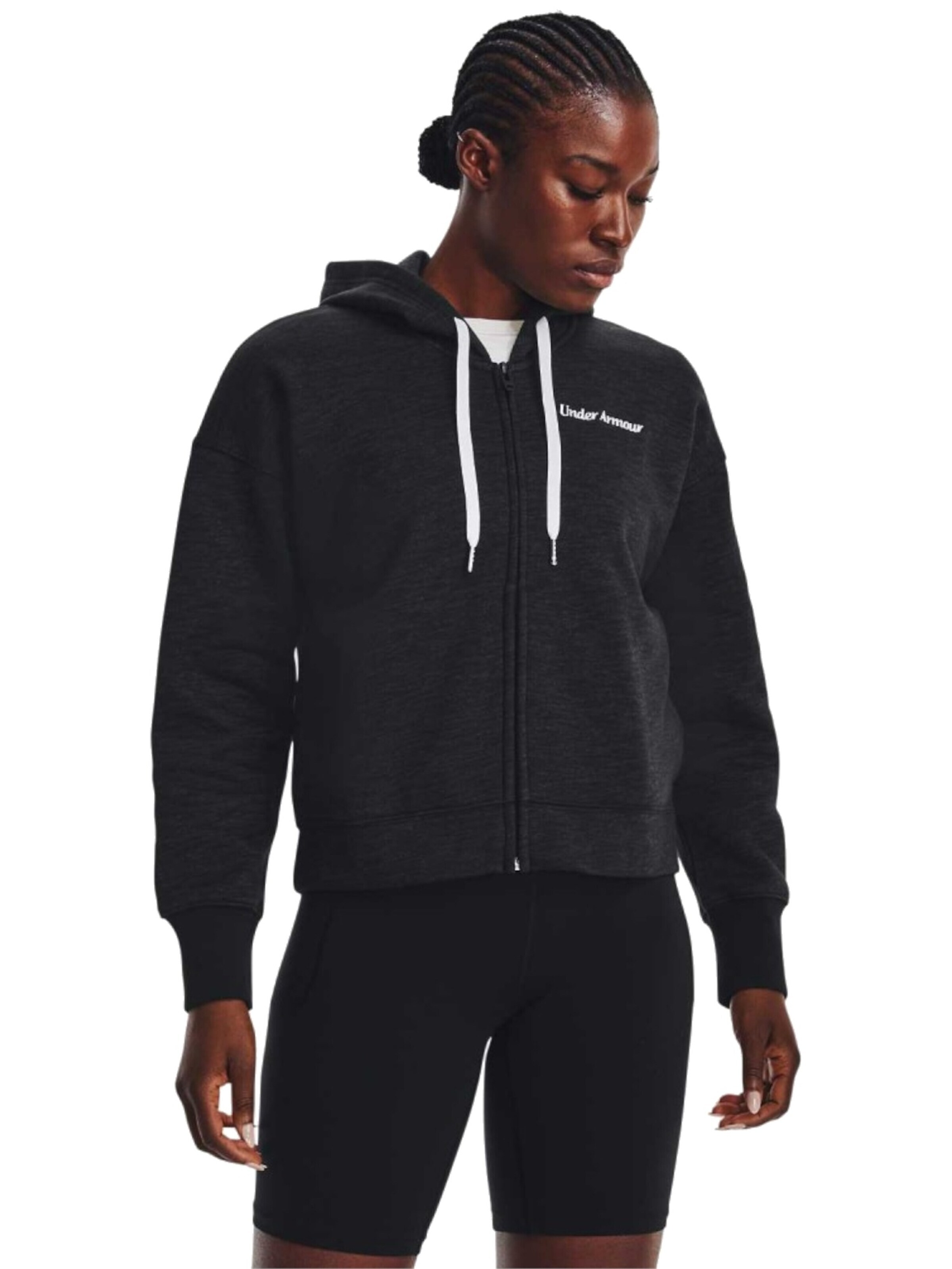 UNDER ARMOUR Sweatshirt 'Under Armour Essential Fleece Script FZ Hoodie' in Zwart: voorkant