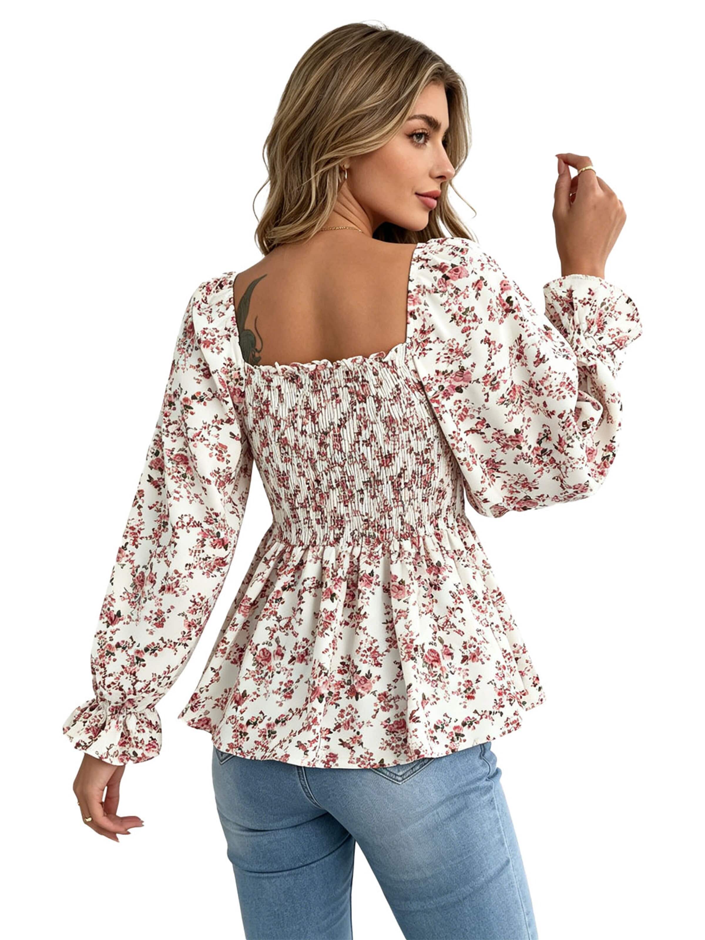 KoJooin Shirt 'Damenbluse Mit Karree-Ausschnitt Blumenprint Puffärmeln Und Volantsaum'‌‌‌‌‌‌‌‌‌ in Pink