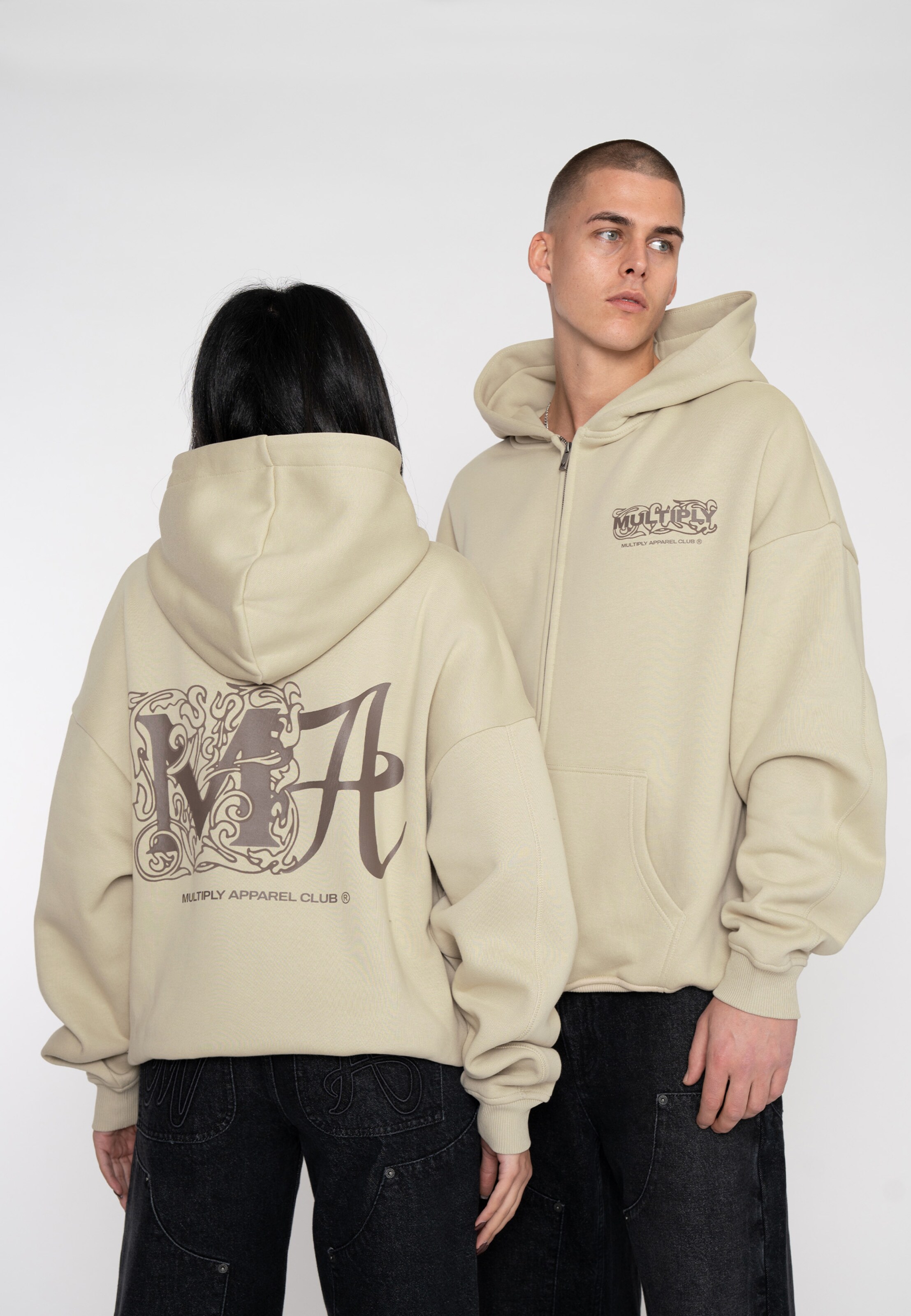 Multiply Apparel Zip-Up Hoodie 'Ornament' in Beige | ABOUT YOU