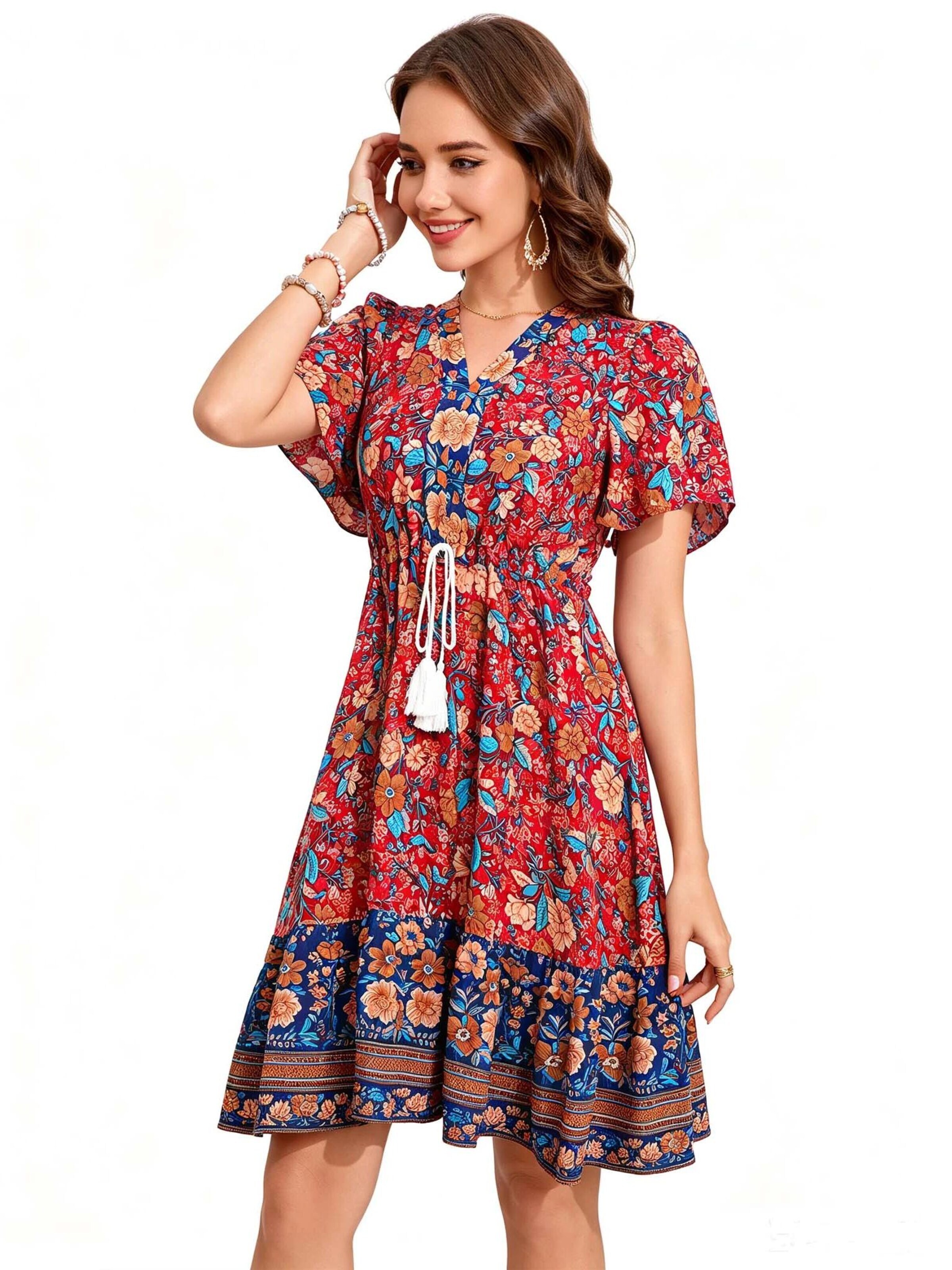 KoJooin Sukienka 'Damen Sommerkleid mit Kurzarm, platziertem Blumenprint und lässigem Boho-Look' w kolorze różowy
