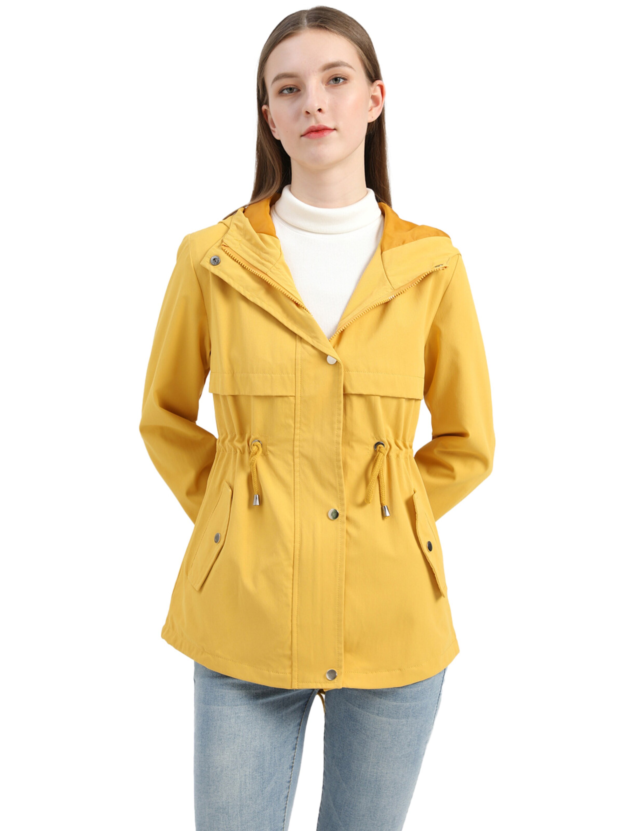 KoJooin Płaszcz funkcyjny 'Damen lange Kapuzen-Regenjacke mit Taille – Wasserdichter Windbreaker und Outdoor-Mantel für Schutz' w kolorze żółty: przód