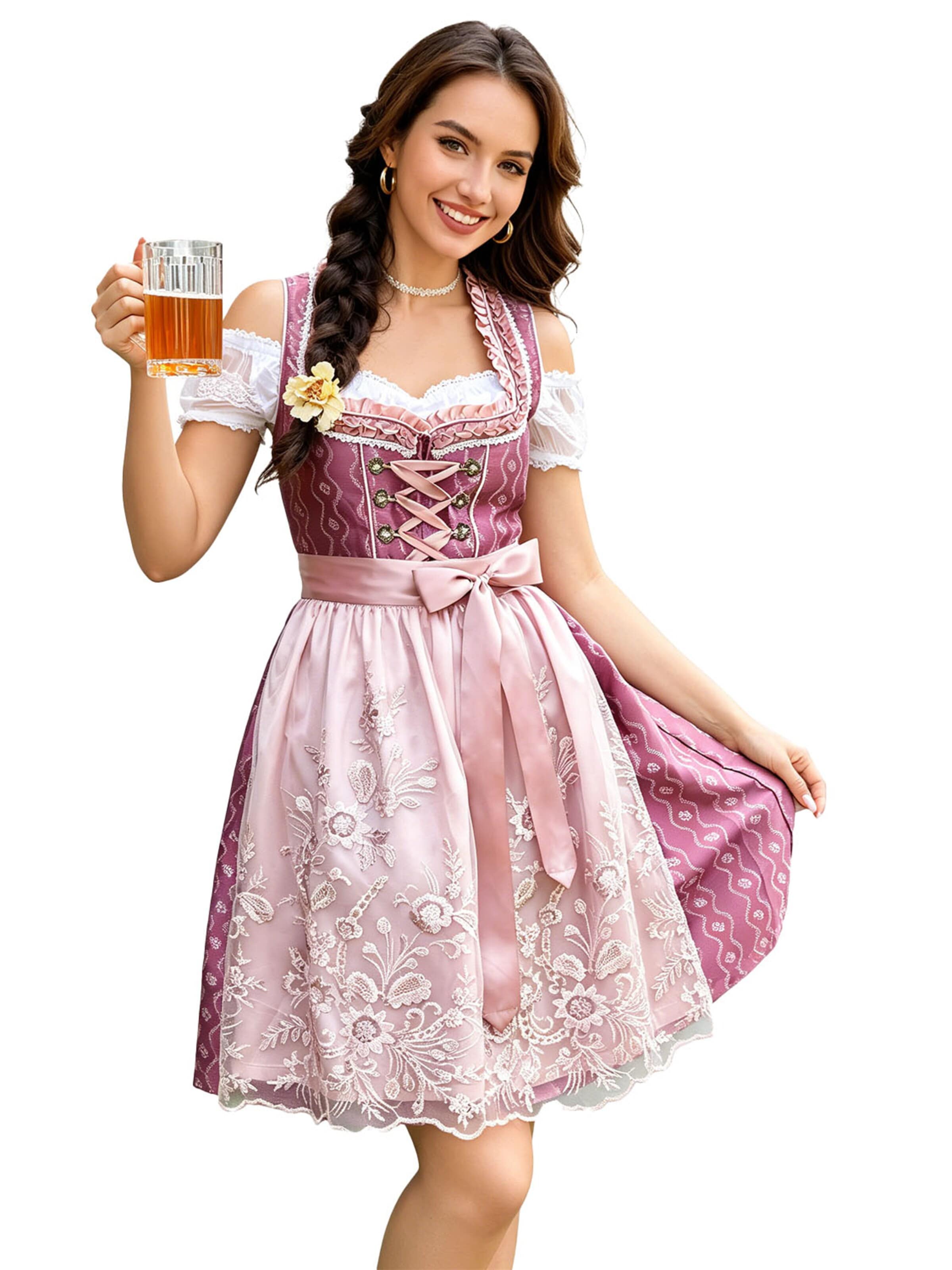 KoJooin Dirndl 'Damen 3tlg. Dirndl fuchsia Wasserwellenprint Spitzenbluse, Trägerkleid, Schürze fürs Oktoberfest' w kolorze różowy