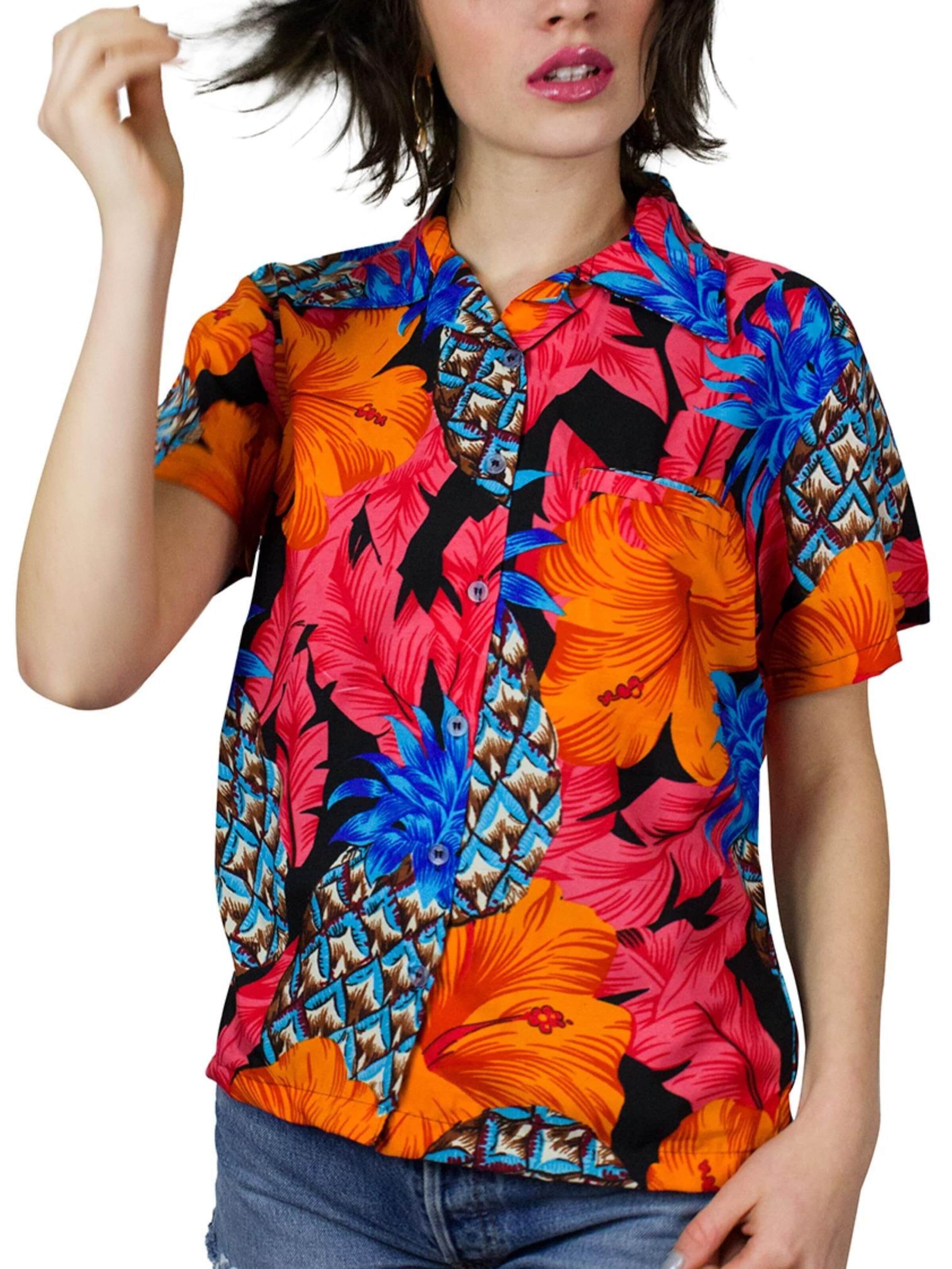 King Kameha Blouse 'Pineapple Hibiscus Black Line' in Rood