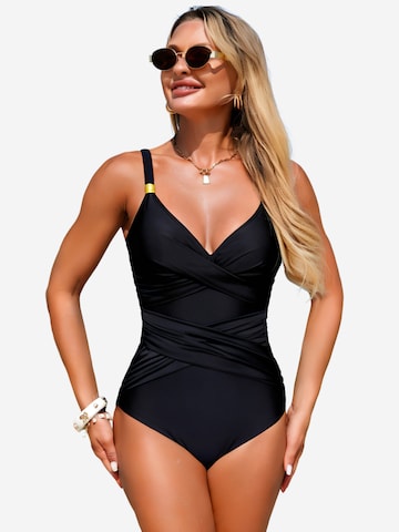 Magicshe Bralette Shaping Swimsuit 'V Ausschnitt Raffungen Bauchweg Badeanzug' in Black: front