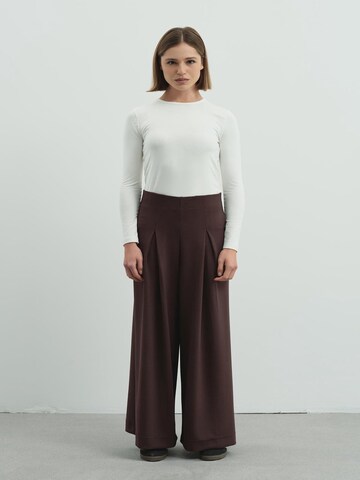C&City Wide leg Pleat-Front Pants in Brown: front