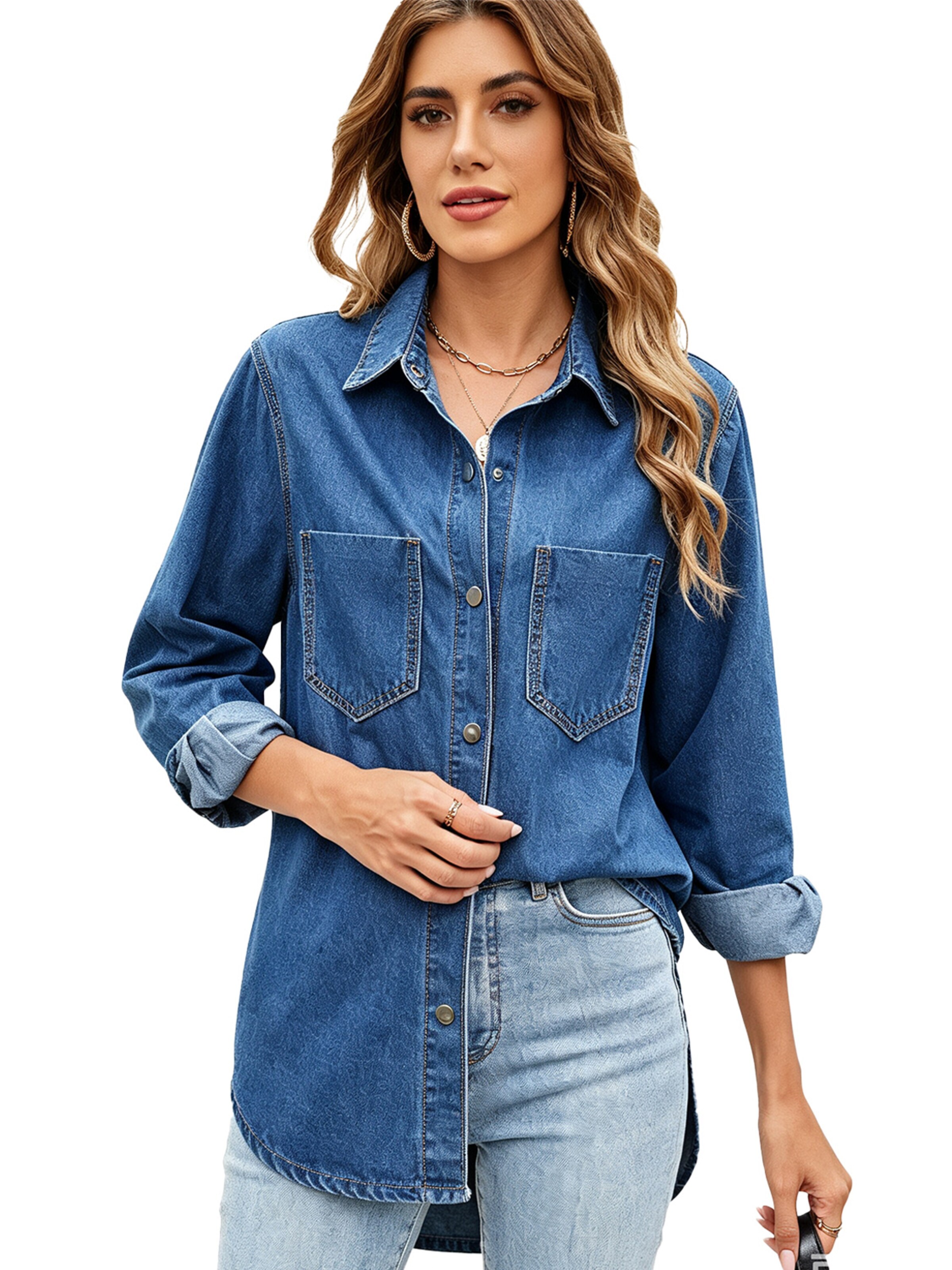 KoJooin Bluzka 'Damen Oversize Jeanshemd mit Knopfleiste – Langarm, Used-Look Denimjacke für Herbst-Outfits 2026' w kolorze niebieski