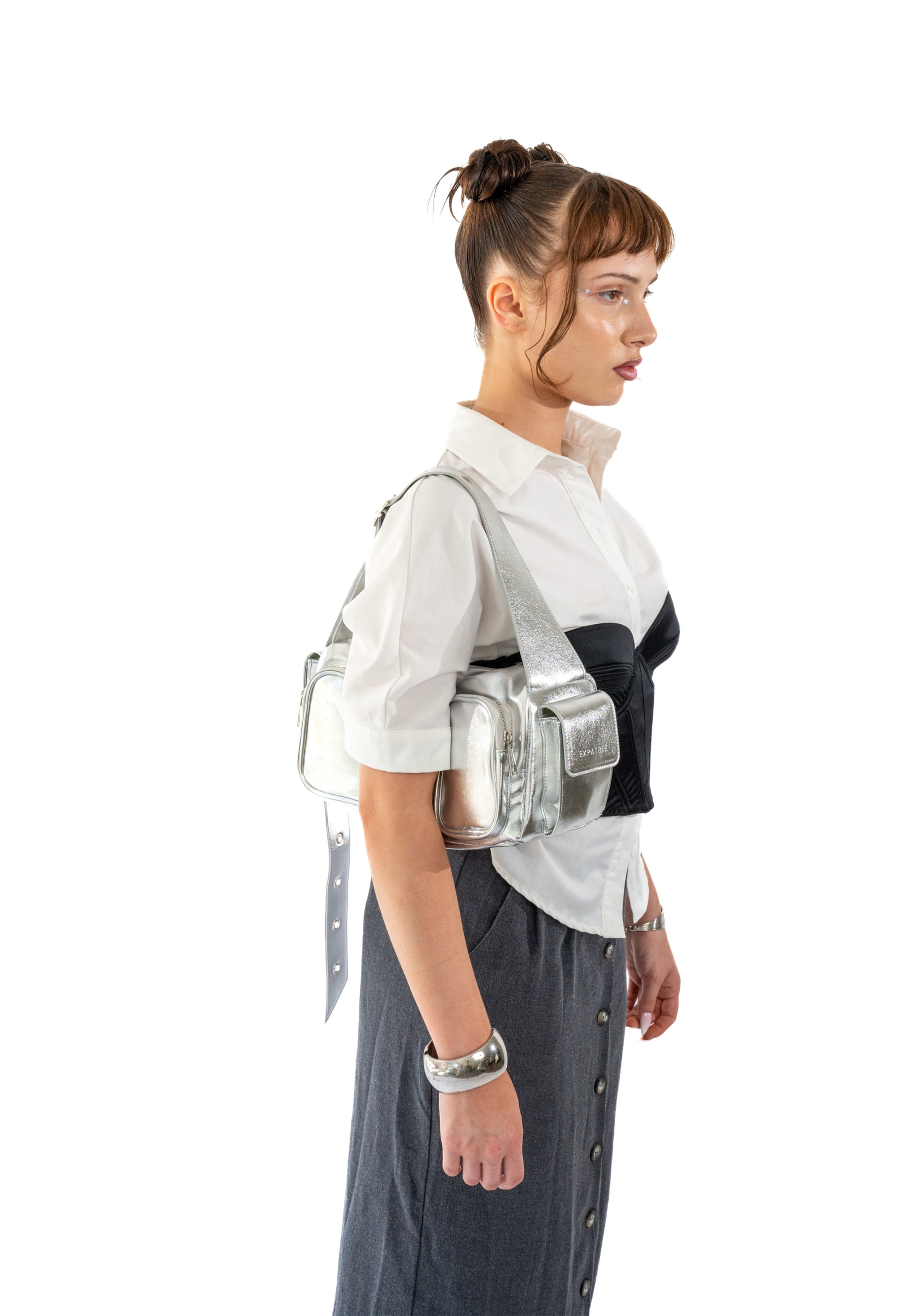 Borsa a spalla 'Stella' di Expatrié in argento: frontale