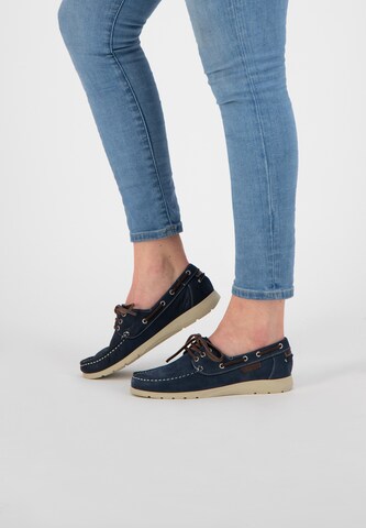 Travelin Moccasins in Blue: front