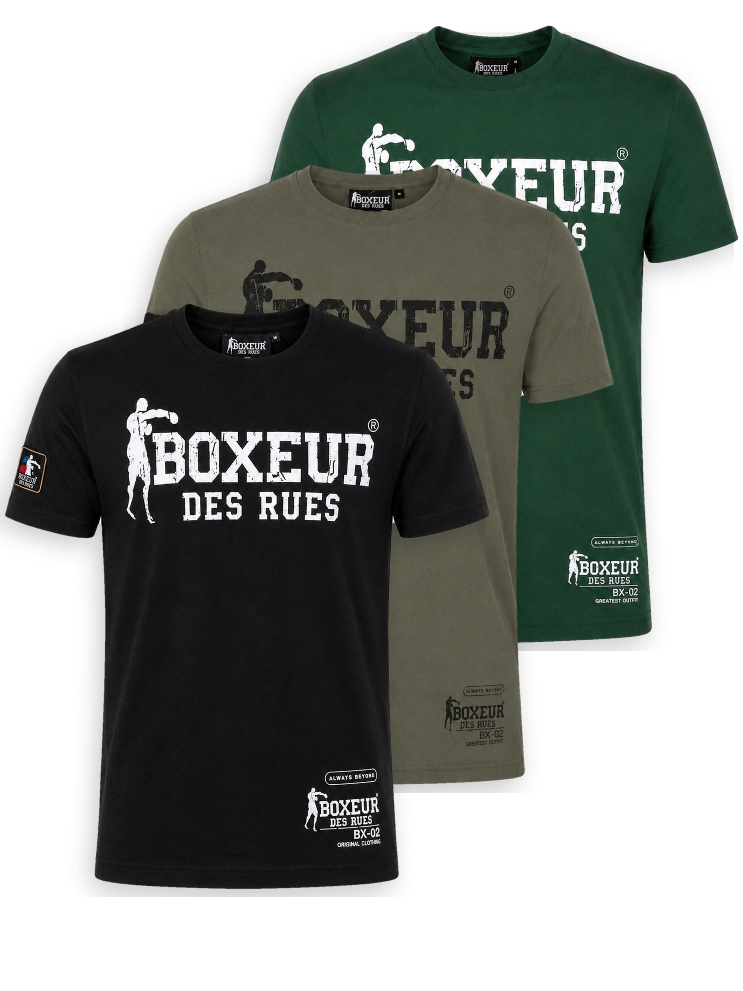 Boxeur des Rues Shirt 'Herren T-Shirt 3er-Pack Boxeur des Rues Slim Fit: Schwarz, Weißes Logo + Oliv + Dunkelgrün, Weißes Logo'‌‌‌‌ in M/Regular in mischfarben, Produktansicht