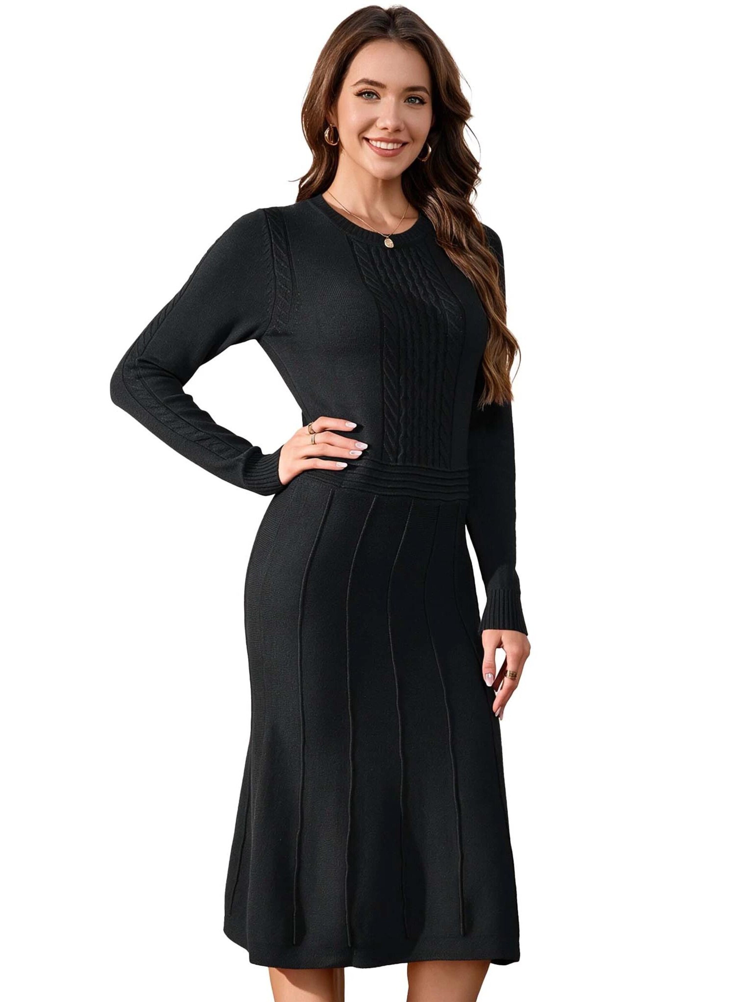 KoJooin Sukienka z dzianiny 'Damen-Rippstrickkleid in Midi-Länge mit Rundhalsausschnitt und langen Ärmeln' w kolorze czarny