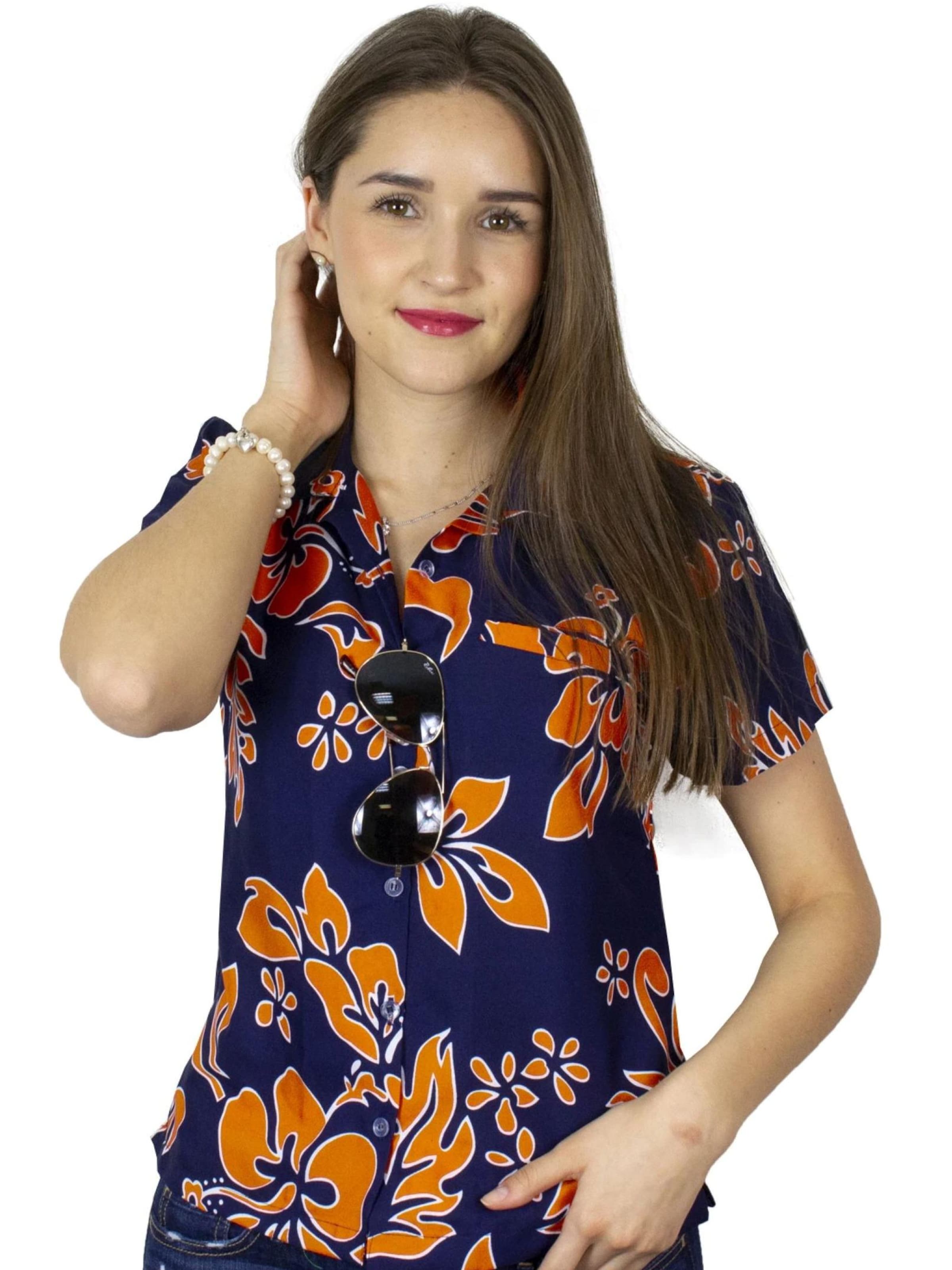 Camicia da donna 'Hibiscus Blue Line' di King Kameha in arancione: frontale