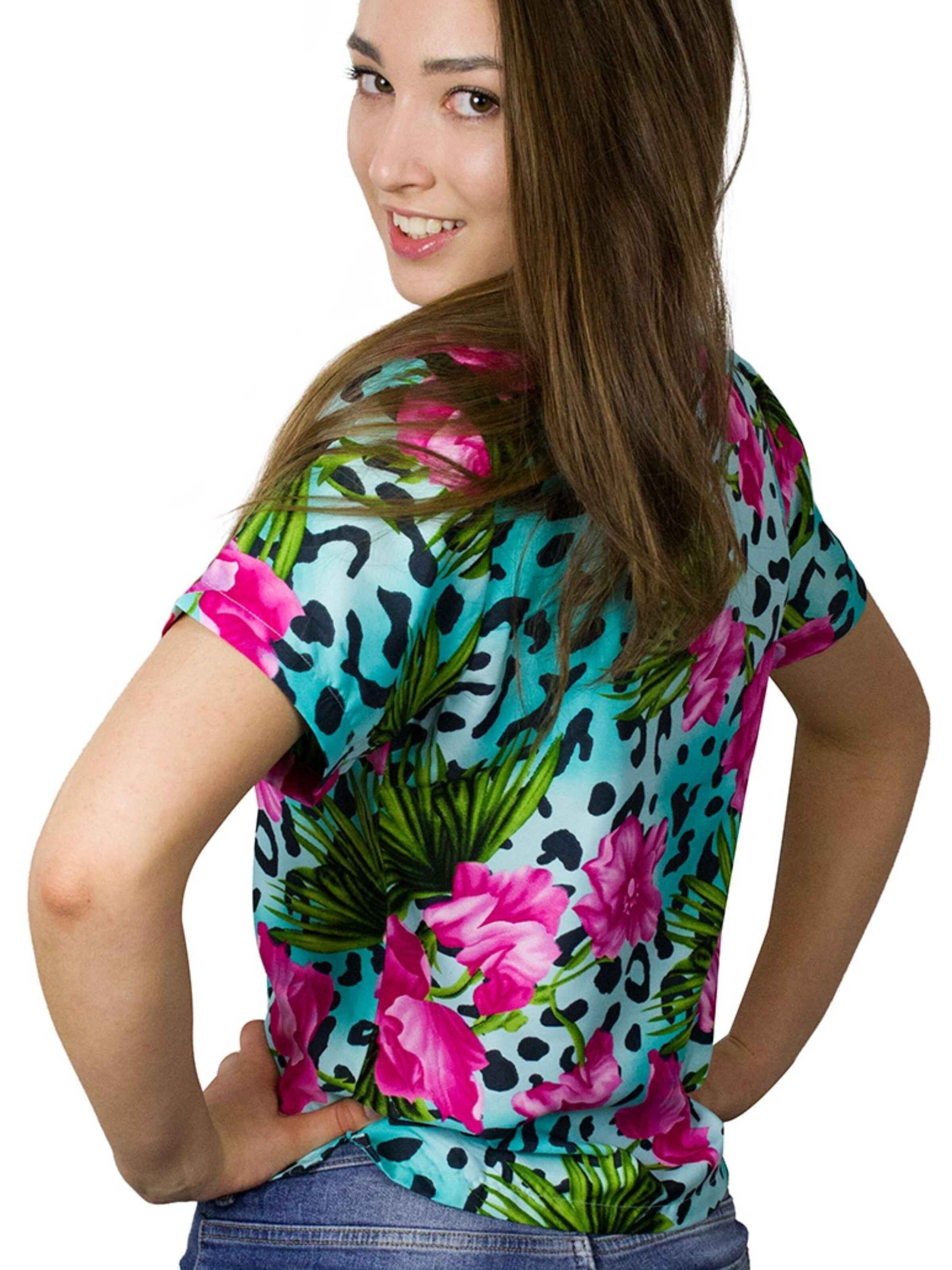 King Kameha Blouse 'Leopard Flowers' in Blue