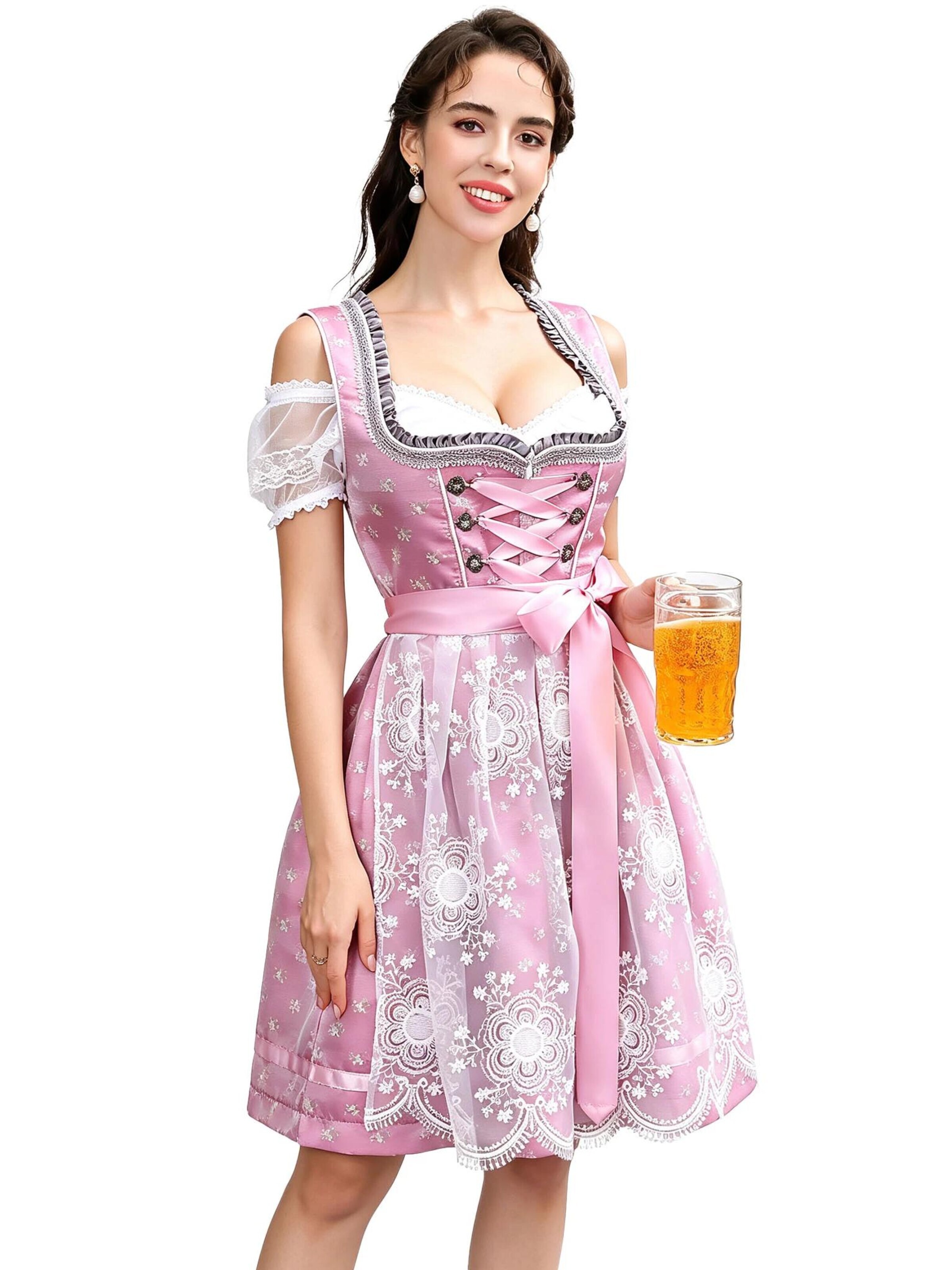 KoJooin Dirndl 'Damen Rosa Jacquard-Dirndl-Set mit Spitzenbluse,Trägerkleid und Tüllschürze 3‑teiliges Oktoberfest' w kolorze różowy