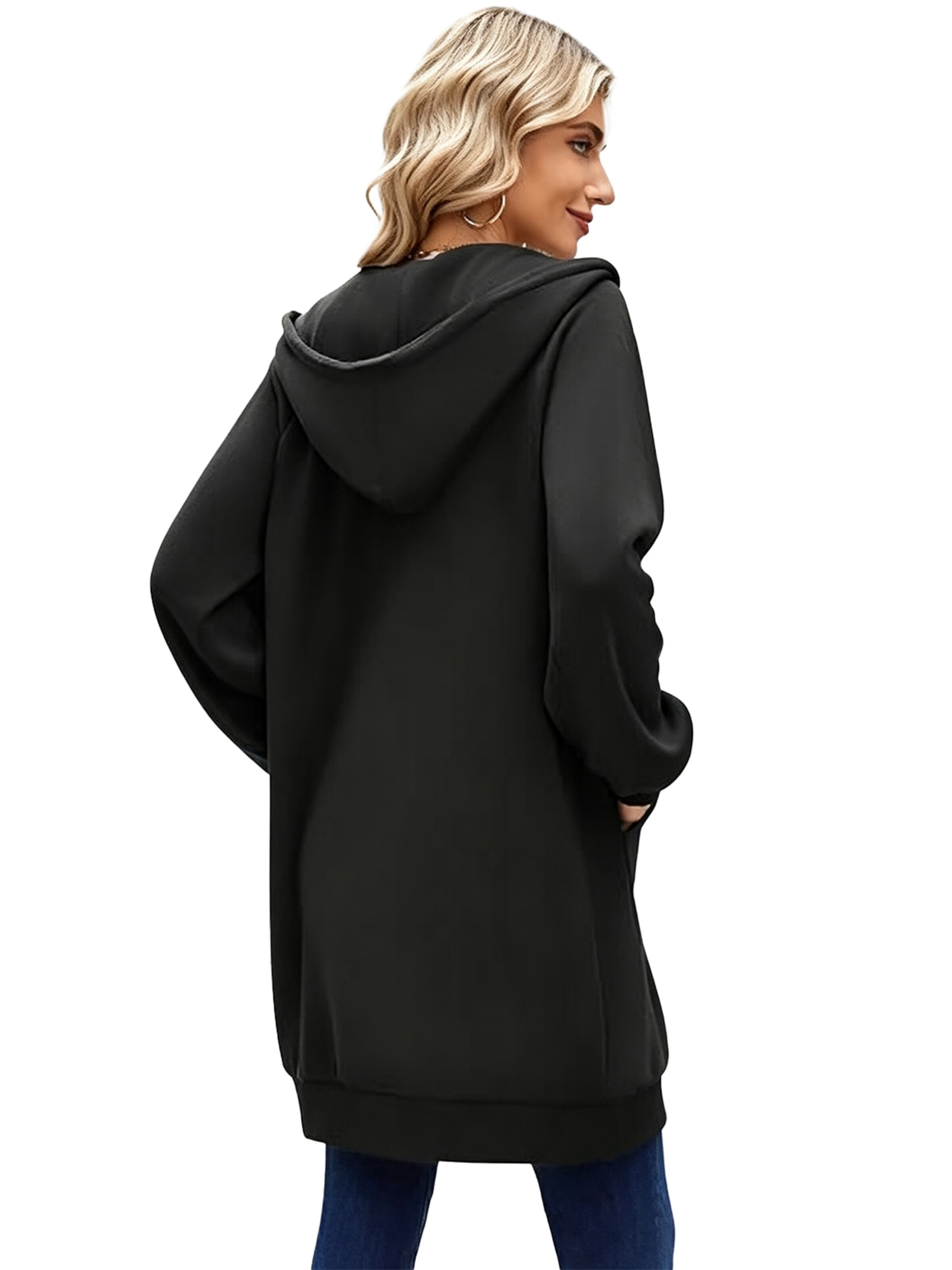 KoJooin Płaszcz zimowy 'Damen langer Kapuzenpullover mit Reißverschluss Oversize,casual, kuschelig gefüttert und gemütlich' w kolorze czarny