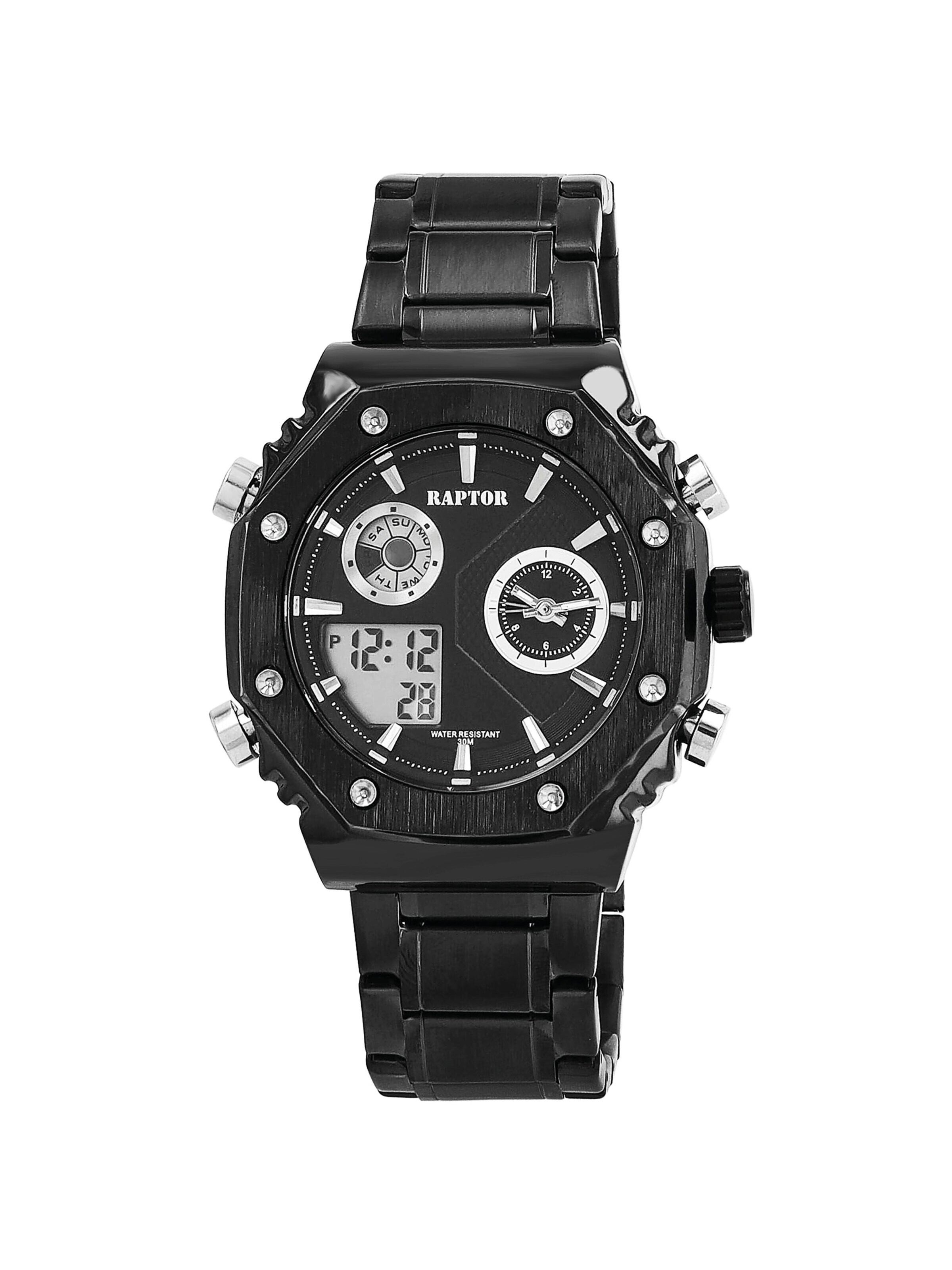 Raptor Analoguhr 'mit Dual-Time und Edelstahlarmband'‌‌‌‌ in Schwarz