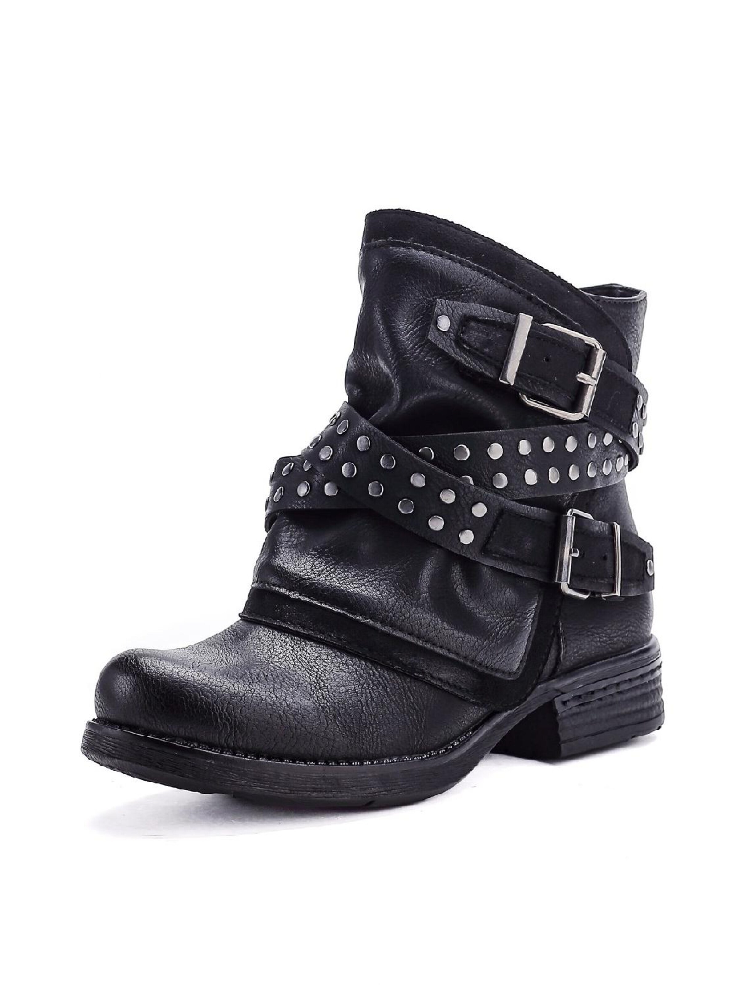 Pogolino Stiefel 'Damen Boots Nieten Stiefeletten Biker Flach ST012'‌‌ in Schwarz: Vorderseite