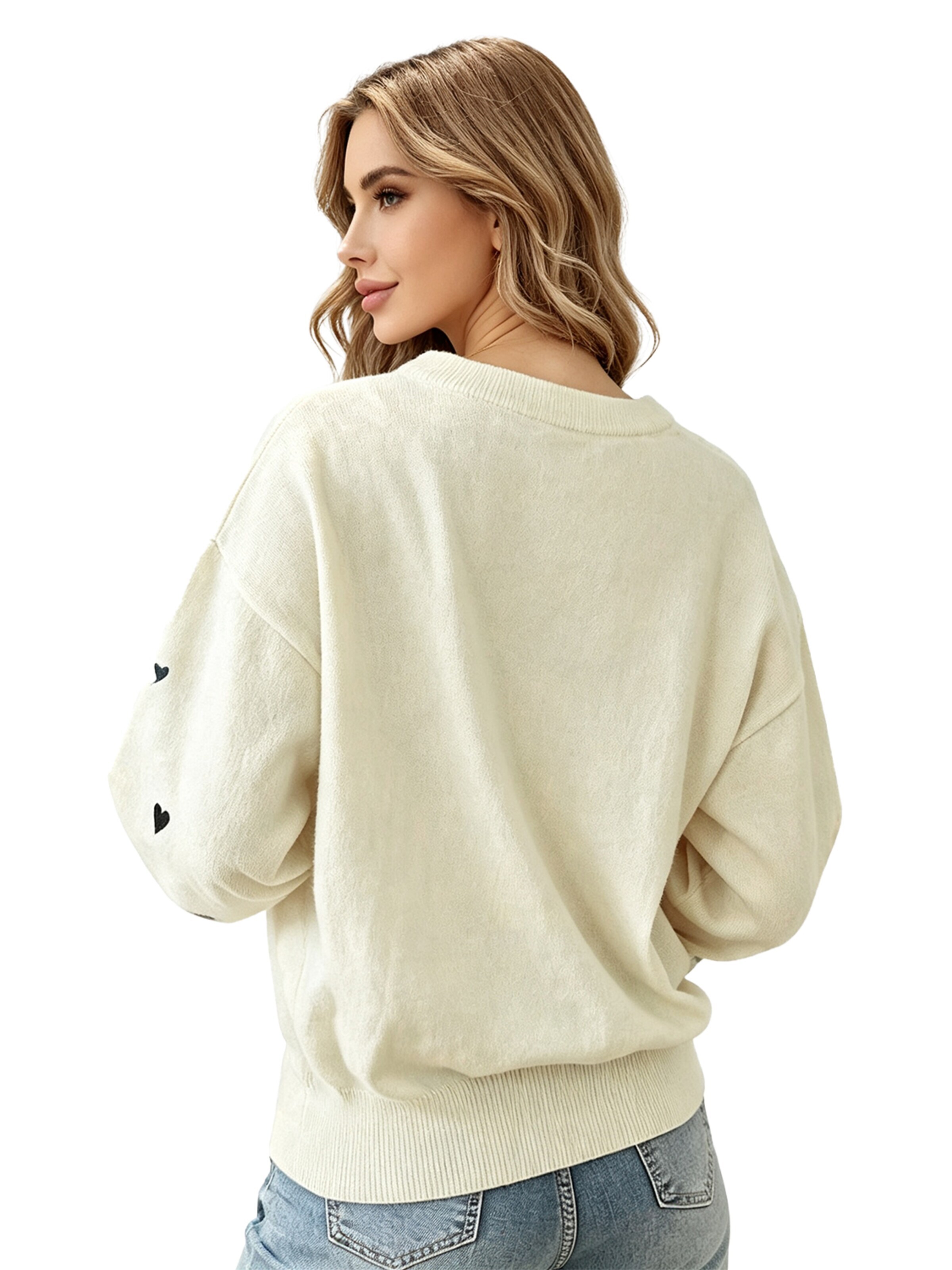 KoJooin Sweter 'Damen Langarm Strickpullover mit Rundhals und Liebevollem Herz-Motiv Zeitloser Basicsweater' w kolorze biały