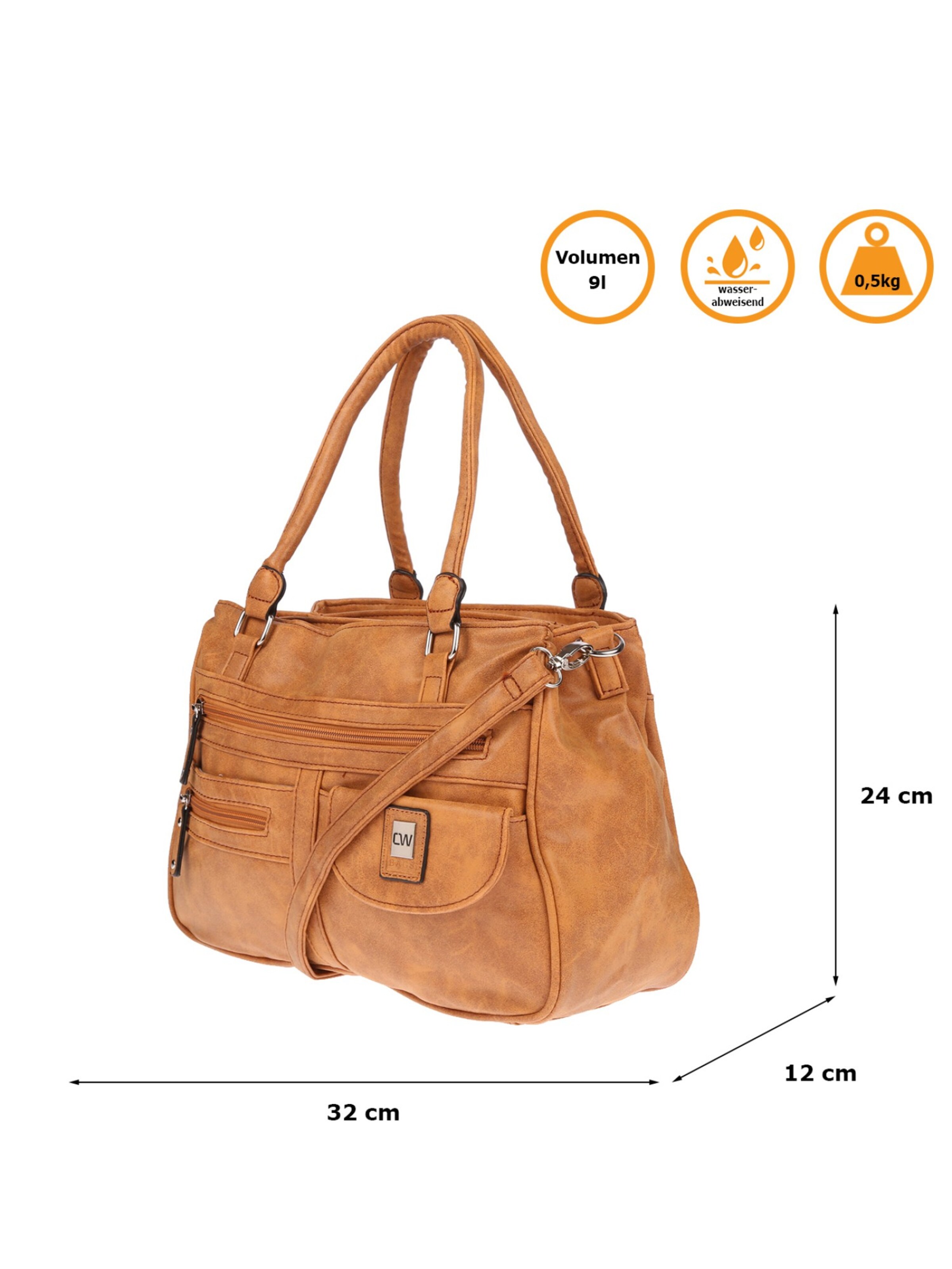 Christian Wippermann Handtasche 'Große Damen Tasche Umhängetasche Schultertasche'‌‌‌‌‌‌‌‌‌‌ in B: 33 cm x H: 32 cm x T: 16 cm in cognac, Produktansicht