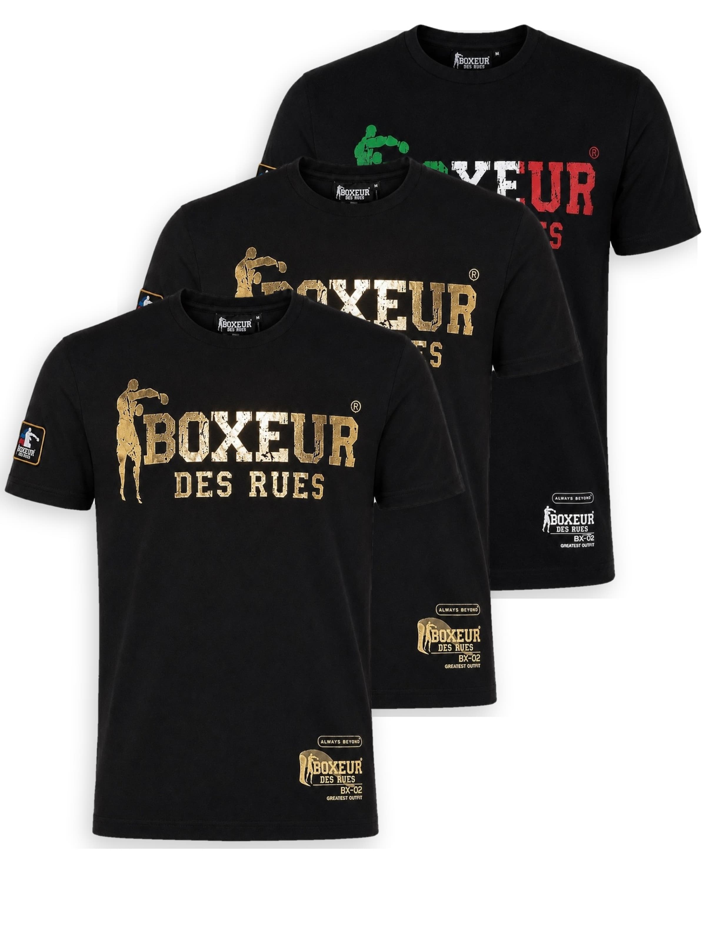 Boxeur des Rues Shirt 'Herren T-Shirt 3er-Pack Boxeur des Rues Slim Fit: Schwarz, Dreifarbiges Logo + 2 x Schwarz, Goldenes Logo'‌‌‌‌‌‌‌‌‌‌ in Schwarz: Vorderseite