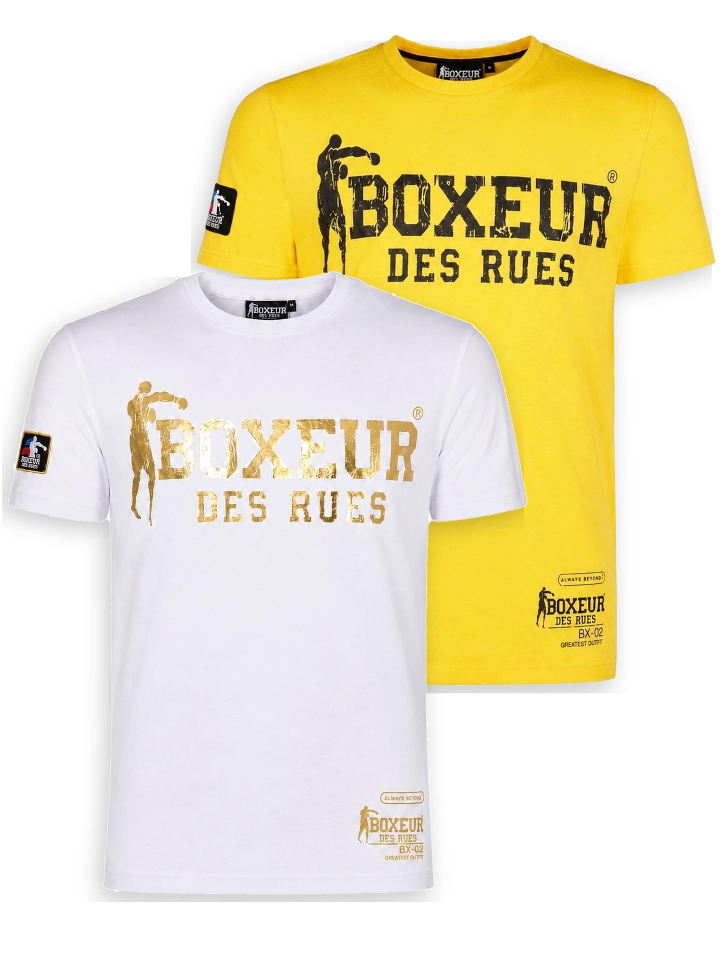 Boxeur des Rues - Camiseta 'Herren T-Shirt 2er-Pack Boxeur des Rues Slim Fit: Weiß, Goldenes Logo + Gelb, Schwarzes Logo' en Mezcla de colores: frente